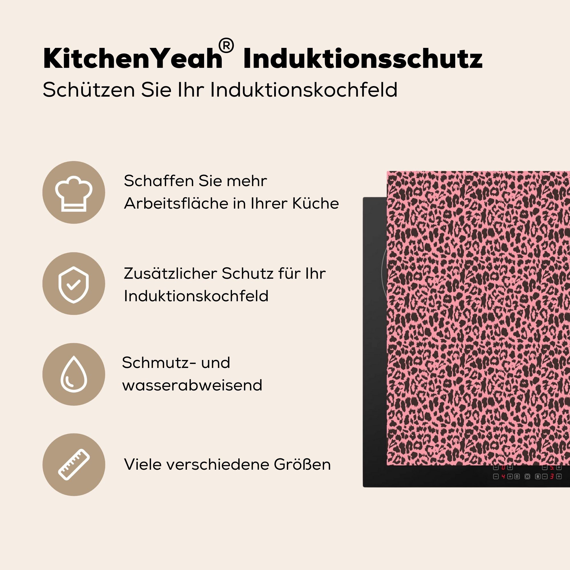 Vinyl, Tiermuster (1 Dekoration Herdblende-/Abdeckplatte Panther, 58x51 tlg), Induktionskochfeld Küchen - Induktionsherd, - für Rosa cm, MuchoWow