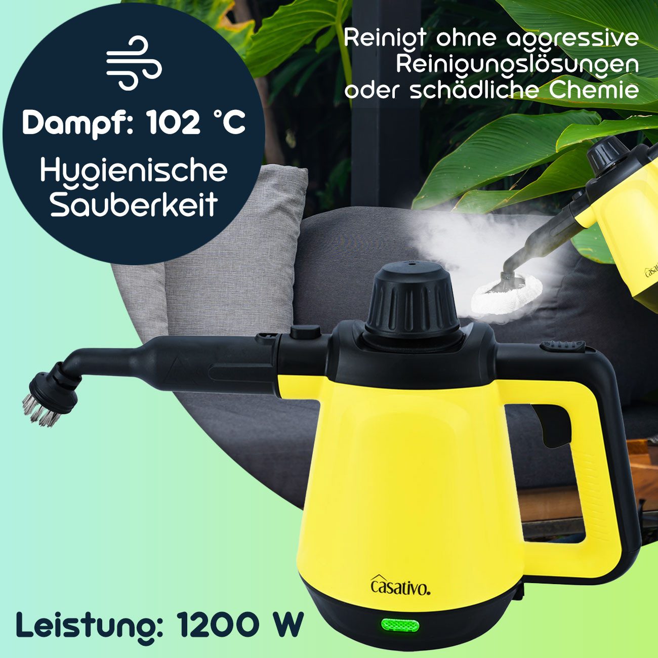 Casativo Handdampfreiniger Mobiler Premium Dampfreiniger tragbar 3.5 Bar IPX4 16-teiliges Zubehör, 1200 W, mit 400 ml Wassertank, Dampfbesen, 102 °C heißer Wasserdampf, Dampfdurchsatz 40 g/min