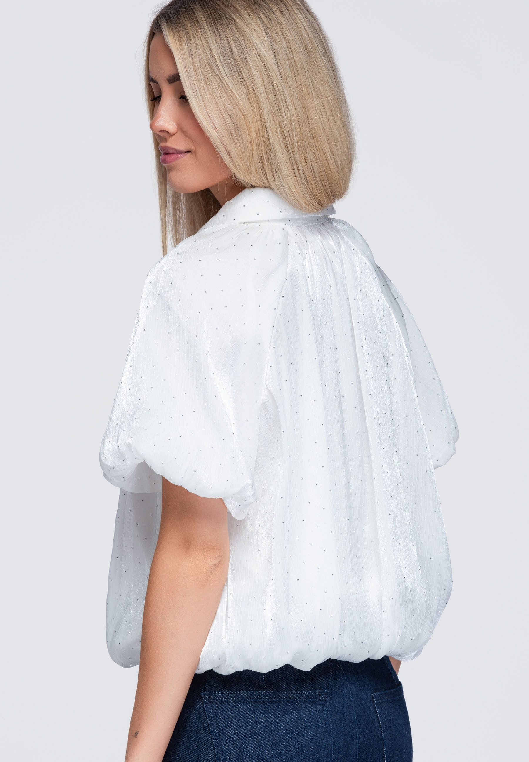 OMBRE Hemdbluse Damen Hemdbluse mit V-Ausschnitt und kurzen Ärmeln Weiß S (kein Set, 1-tlg)