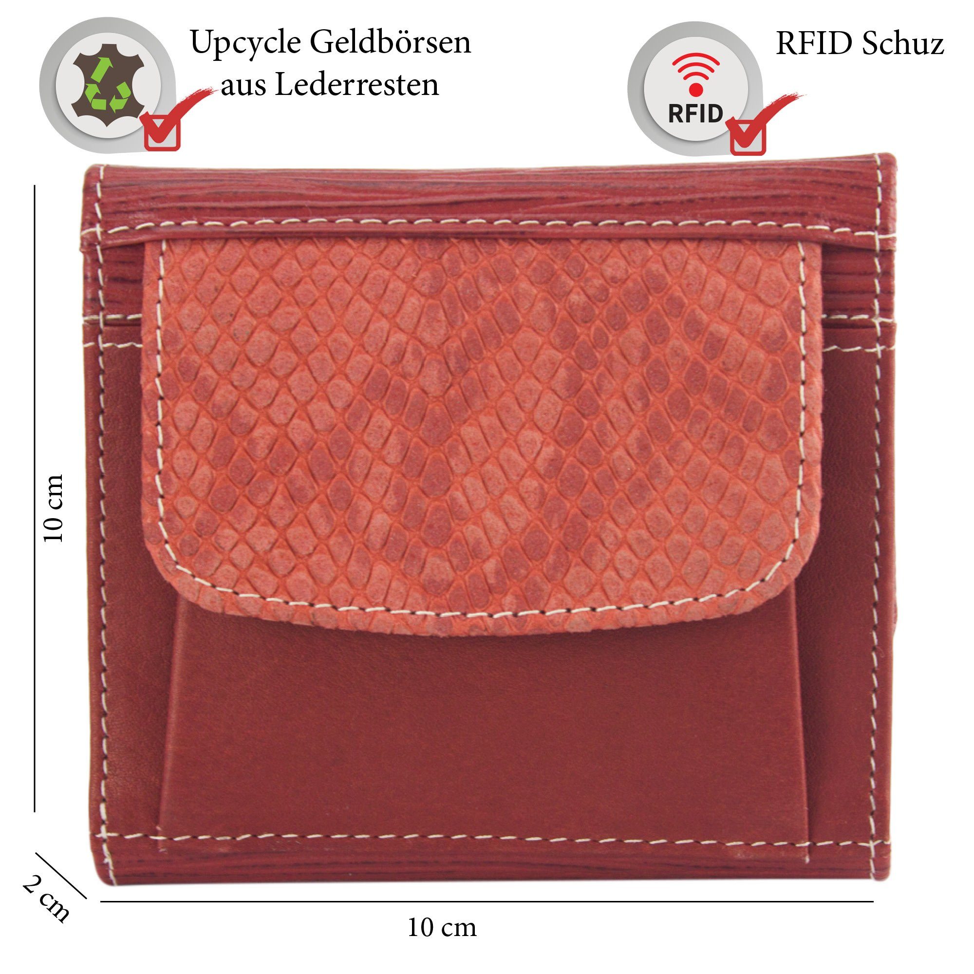 echt orange klein Geldbeutel recycelten echt Leder RFID-Schutz, mit Damen, Portemonnaie Sunsa Brieftasche Leder, Unisex Lederresten, /rot aus Geldbörse