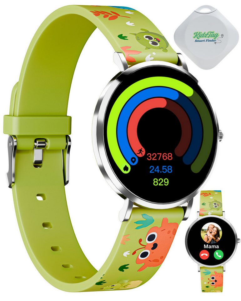 XCOAST LINO-TIME, kleine, flache Kinder Smartwatch (3,7 cm/1,19 Zoll) wie eine analog Kinderarmbanduhr, filigran, robust, 3-tlg., nur 6,9mm Gehäusehöhe, 6 Tage Akku, Spiele, über 100 Sportarten, SOS NOTRUF, 6 Tage Akku, IP68 wasserdicht, Edelstahl, flach
