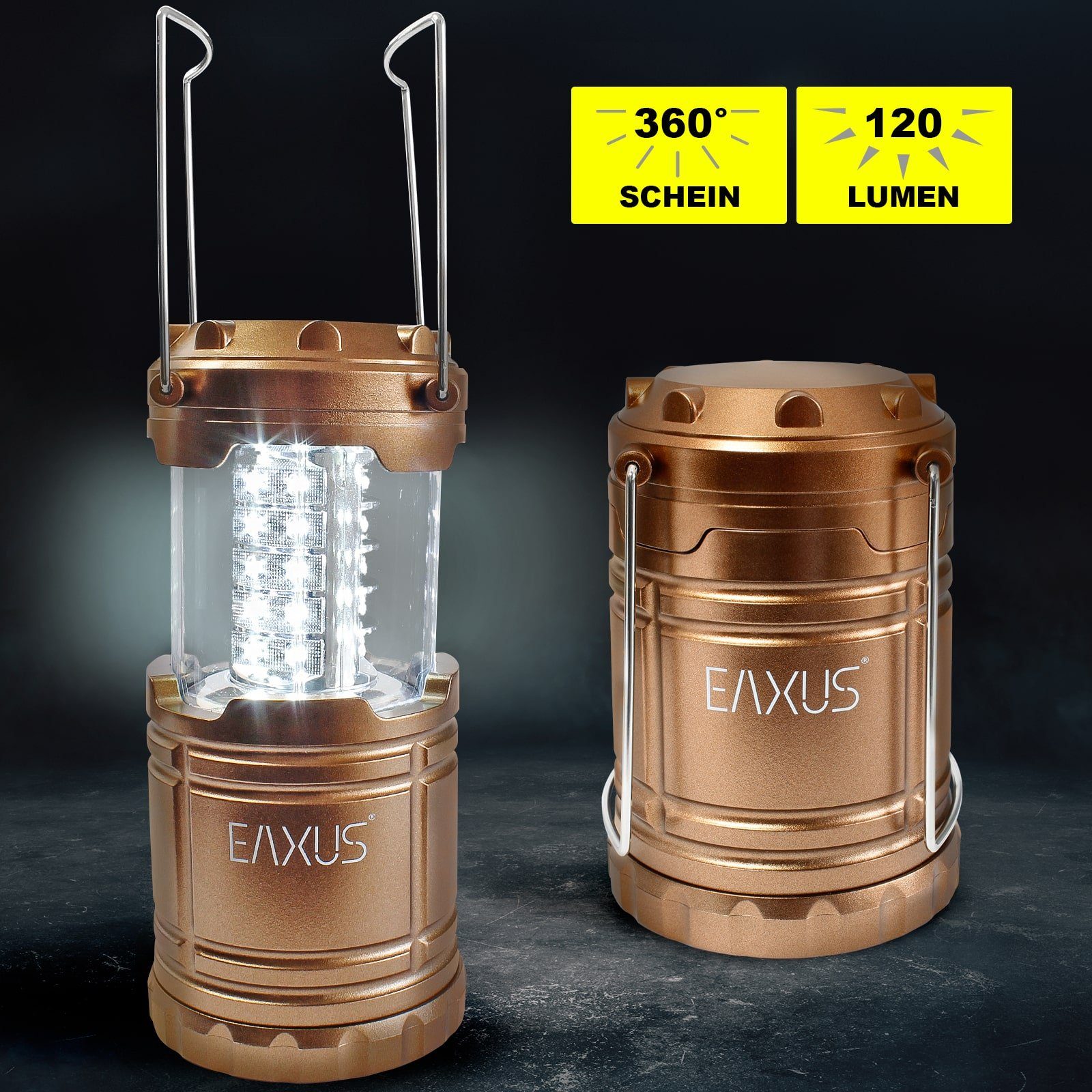 EAXUS LED Gartenleuchte integriert, Metallbügel fest Batteriebetrieben mit 360° LED Beleuchtung kaltweiß, Campinglampe Kupferfarben, LED Aufhängen, Tragebügel, zum 30