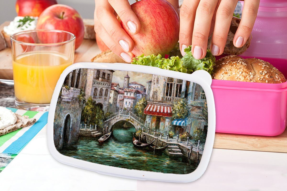 (2-tlg), Kinder, Lunchbox MuchoWow - Kunststoff, - Architektur - rosa Brotbox - Boot Snackbox, Erwachsene, Mädchen, - Italien für Öl, Brotdose Gemälde Kunststoff Wasser