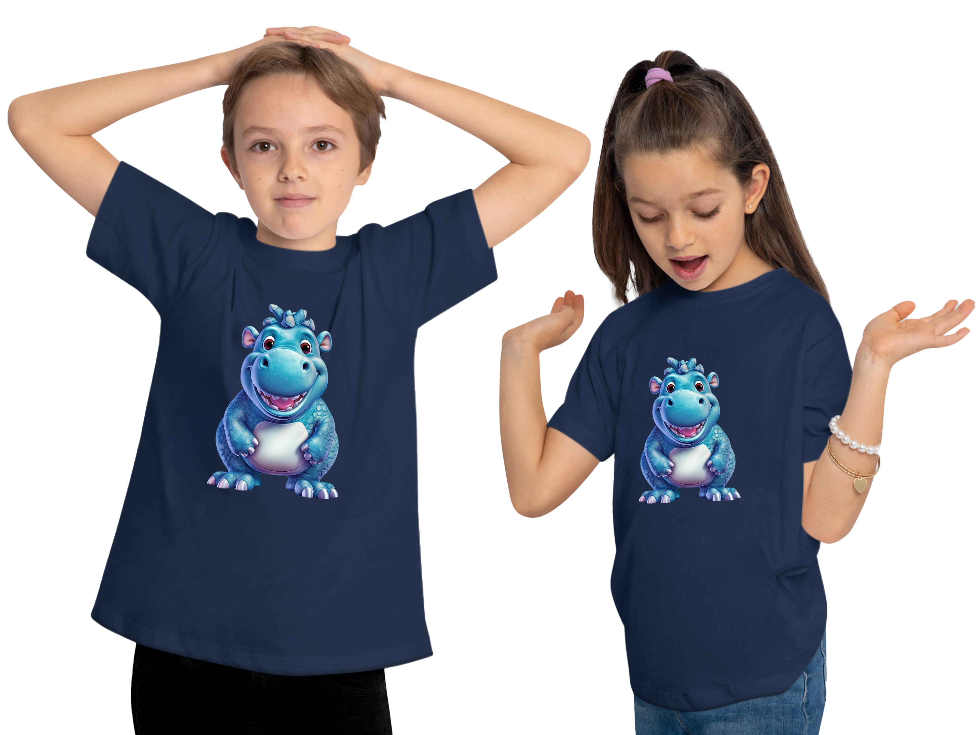 Wildtier Baumwollshirt navy Baby blau Print i274 Aufdruck, MyDesign24 mit Nilpferd Kinder - bedruckt Shirt T-Shirt Hippo