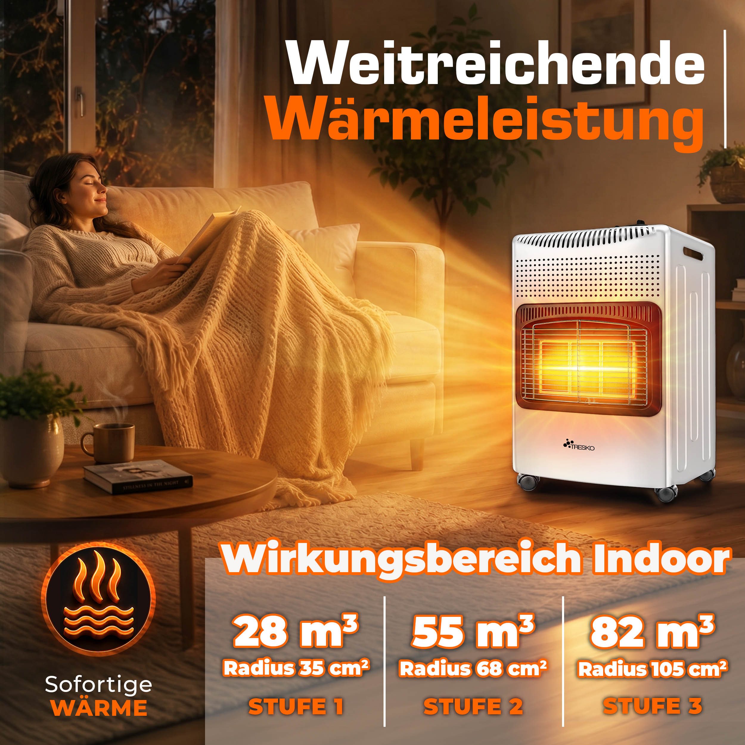 TRESKO Heizstrahler 4200 W Gasheizung + Abdeckung Gasheizer 3 Stufen Gasofen Gasheizofen