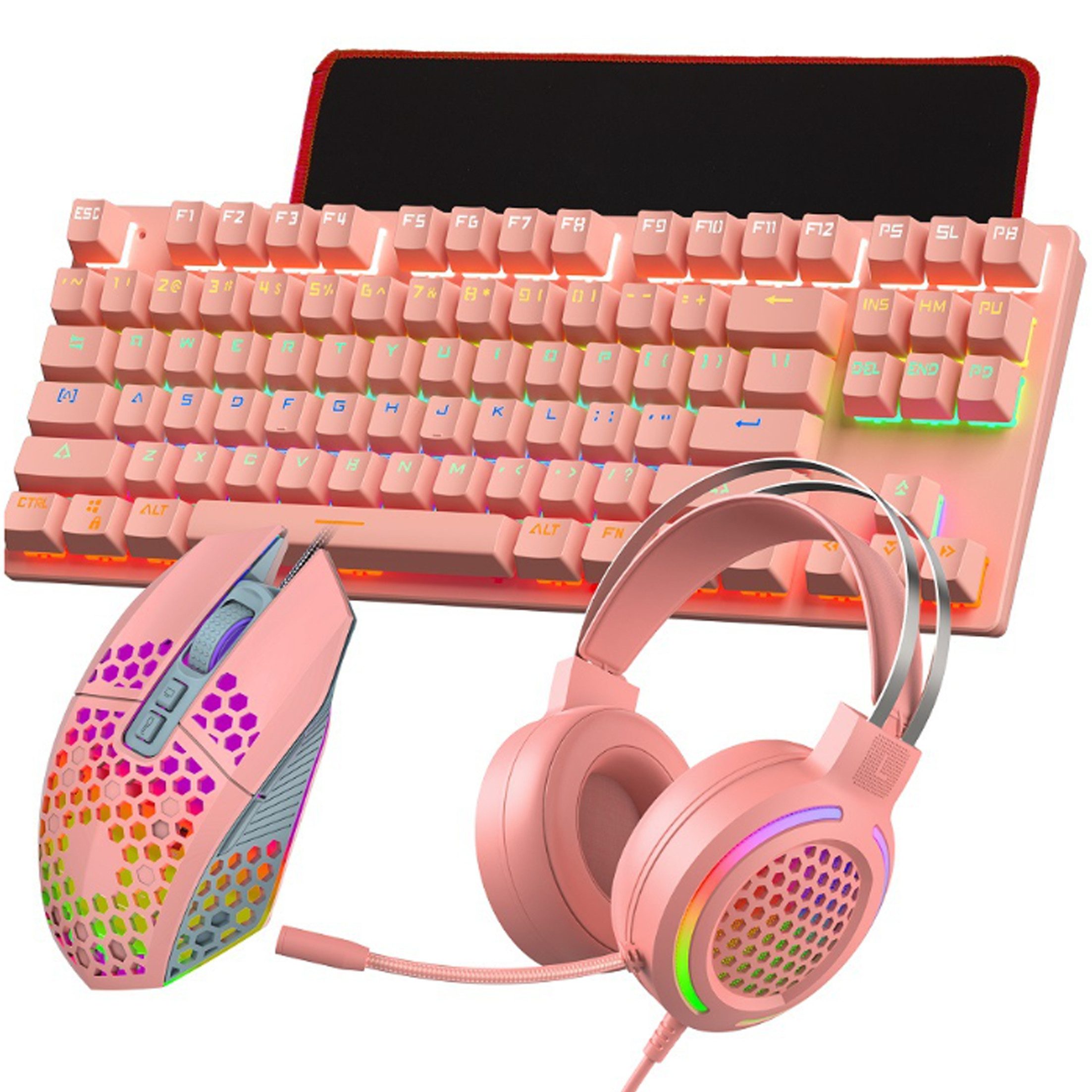 Tadow Verkabelte mechanische Gaming-Tastatur 4-in-1,87 Tasten,Lichteffekte Tastatur- und Headset-Set