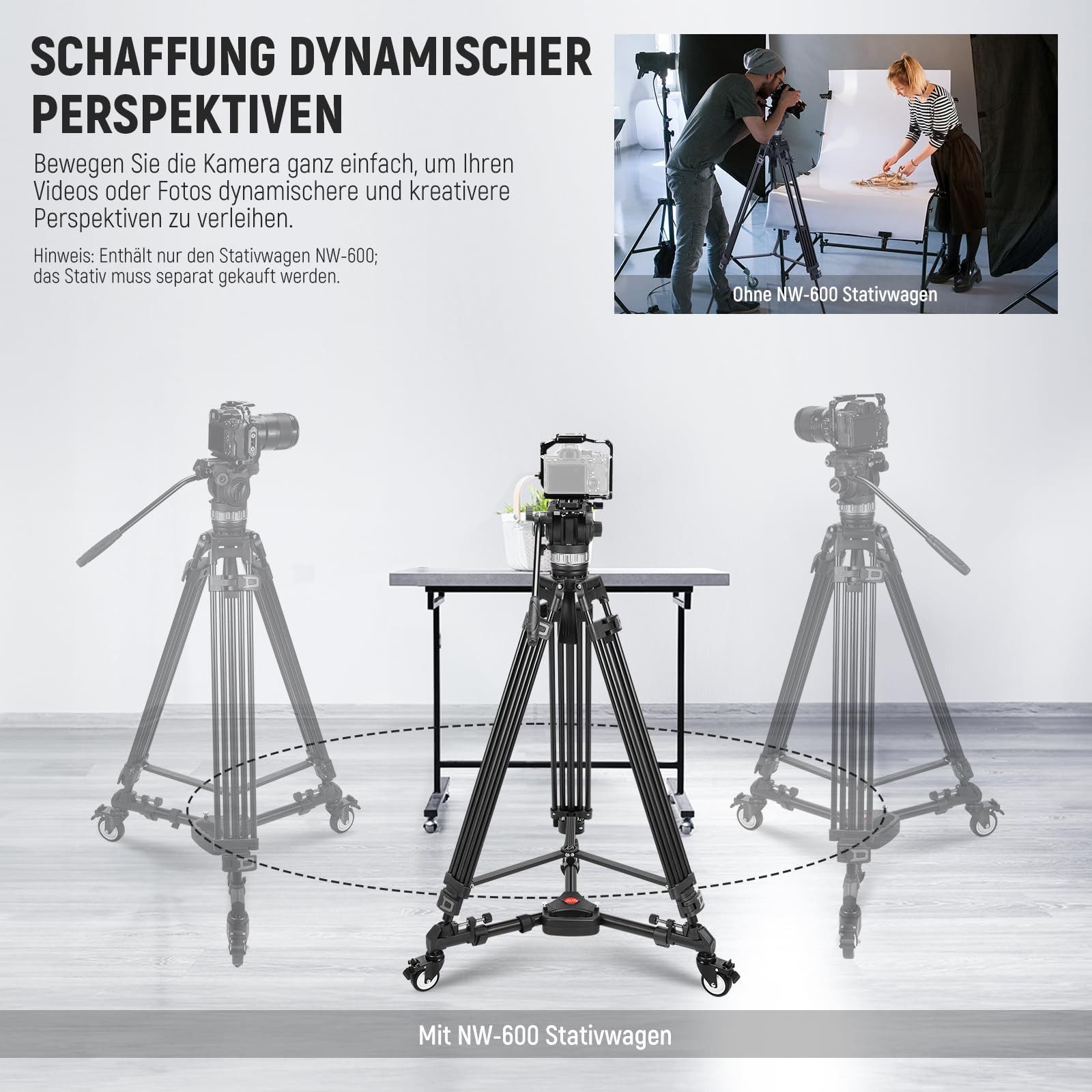 Neewer NW-600 Fotostativ Dolly, max. 15kg, mit Gummirädern Dreibeinstativ (verstellbare Beinhalterung und Tragetasche, für Sony DSLR Kameras)