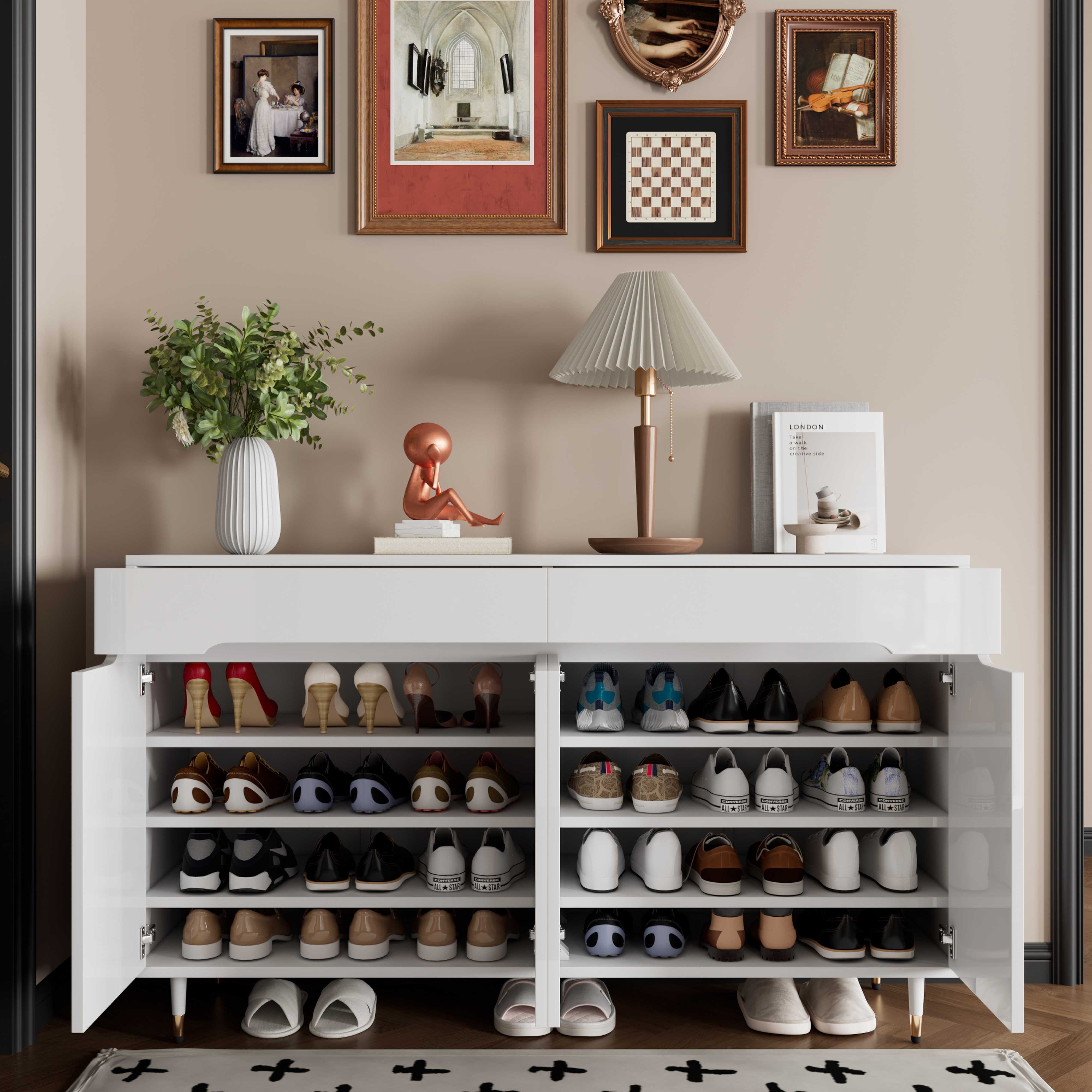 BlingBin Schuhschrank Schuhregal Schuhkipper Schuhkommode (Er bietet Platz für 18–24 Paar Schuhe., 1-St., zwei Schubladen, verstellbaren Regalen und goldfarbenen Beinen) Weiß,140x39x84cm,für den Eingangsbereich,zwei Türen