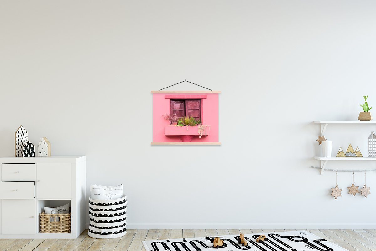 MuchoWow Poster Fenster - Pflanzen - Rosa - Pflanzgefäß, (1 St), Posterleiste, Textilposter für Wohnzimmer, Bilderleiste, Magnetisch