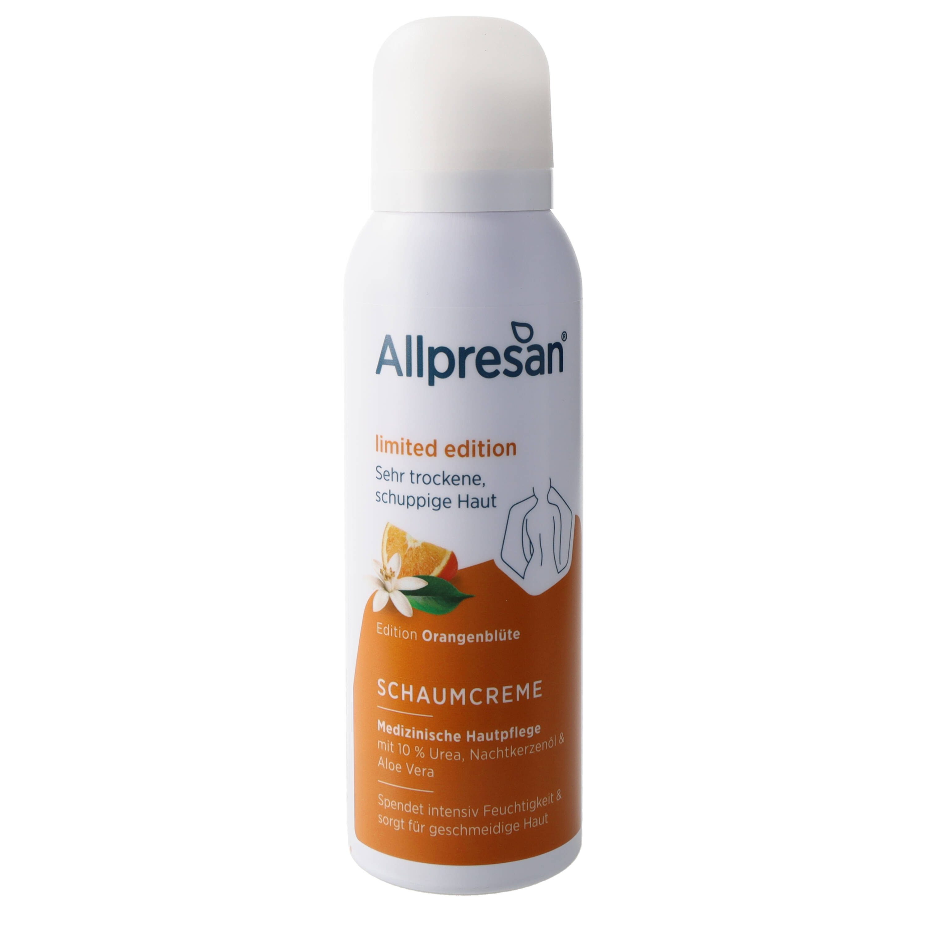 Allpresan Körperschaum Allpresan Körper Schaumcreme Ltd. Edition Orangenblüte 125ml Für trockene, schuppige Haut, 1-tlg., Duftende Pflege mit 10% Urea, wertvollem Nachtkerzenöl & Aloe Vera
