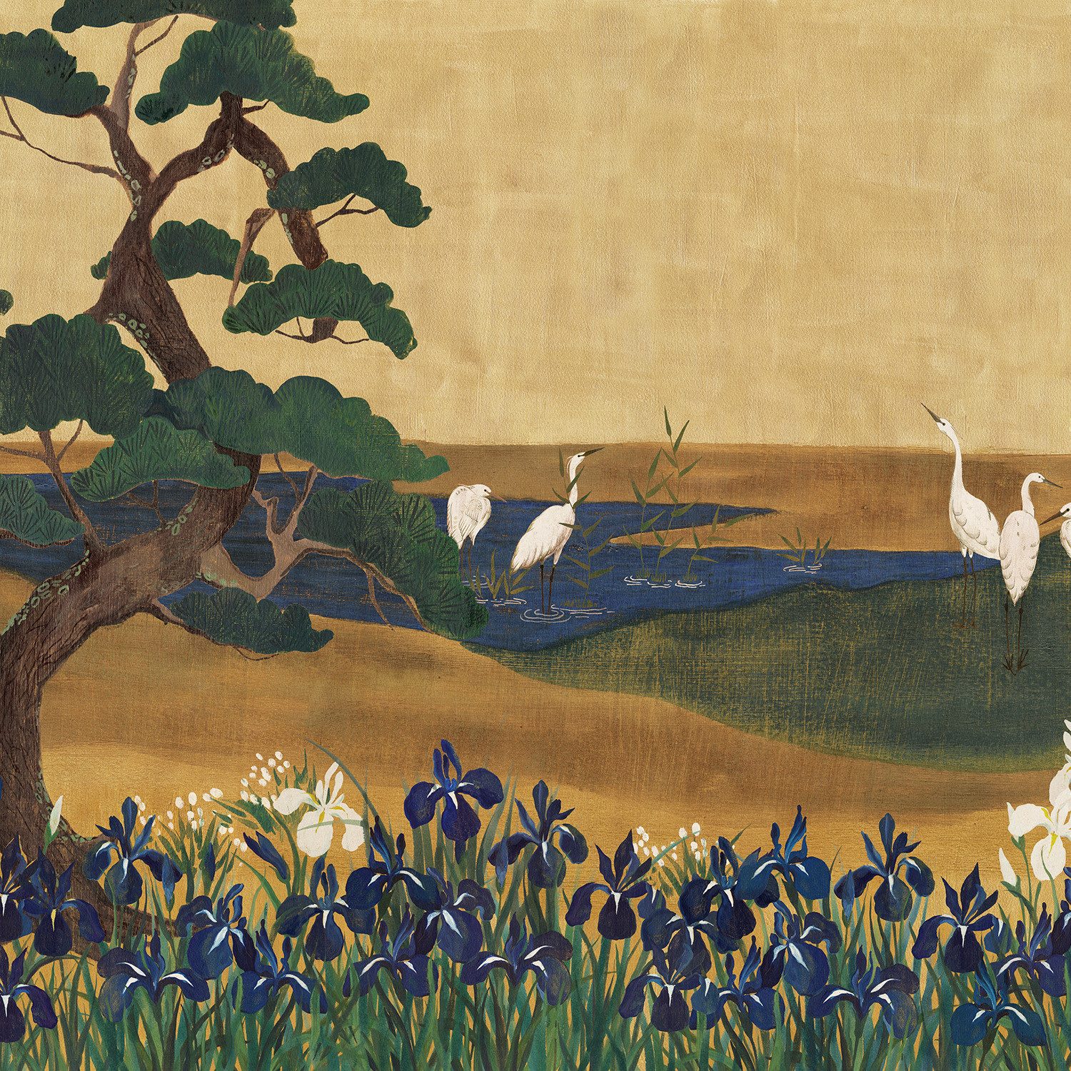 Rasch Fototapete Landschaft mit Kranichen und Bäumen - 2,8m x 4,24m - Noble Zen, strukturiert, Kunst, asiatisch, (1 St), Kraniche, Gemälde