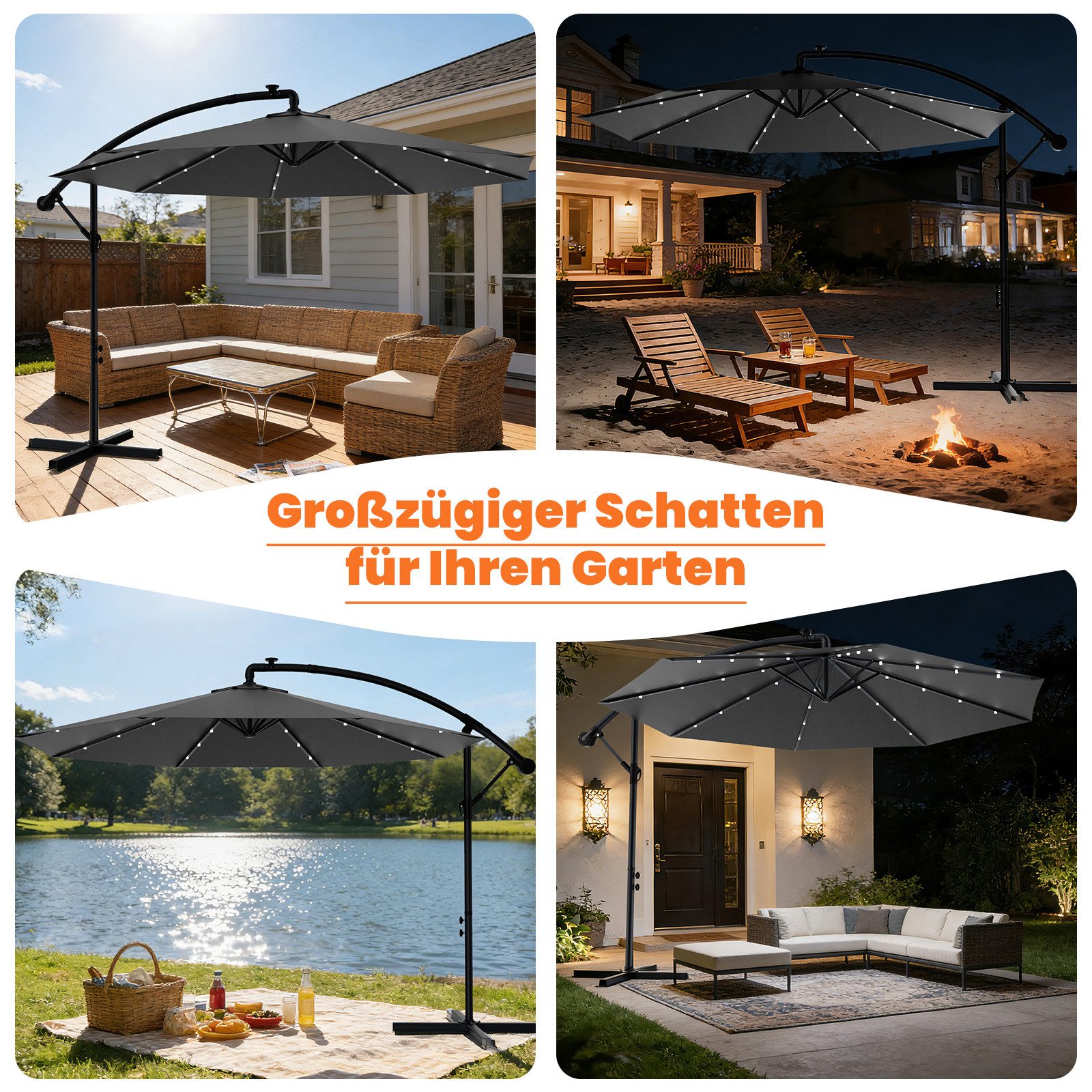 Huracan Sonnenschirm LED Solar Ø 250/300/350cm Ampelschirm mit Kurbel, Ständer, Gartenschirm Balkonschirm UV-Schutz Aluminium wasserdicht 360°neigbar