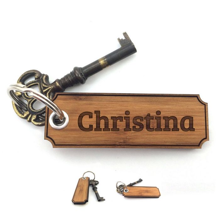 Mr. & Mrs. Panda Schlüsselanhänger Christina - Bambus - Geschenk Gravur Glücksbringer Schlüsselanhänger Geschenke Schenken Anhänger Taschenanhänger (1-tlg)