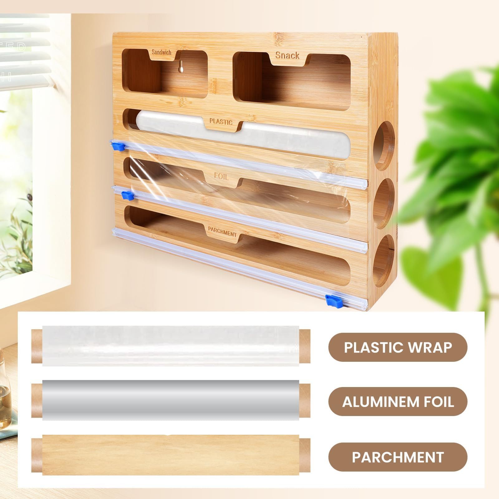 Youyijia Folienspender 5-in-1 Bambus Folienspender 5 Steckplätze für Schublade&Arbeitsplatte – Bild 4 von 5