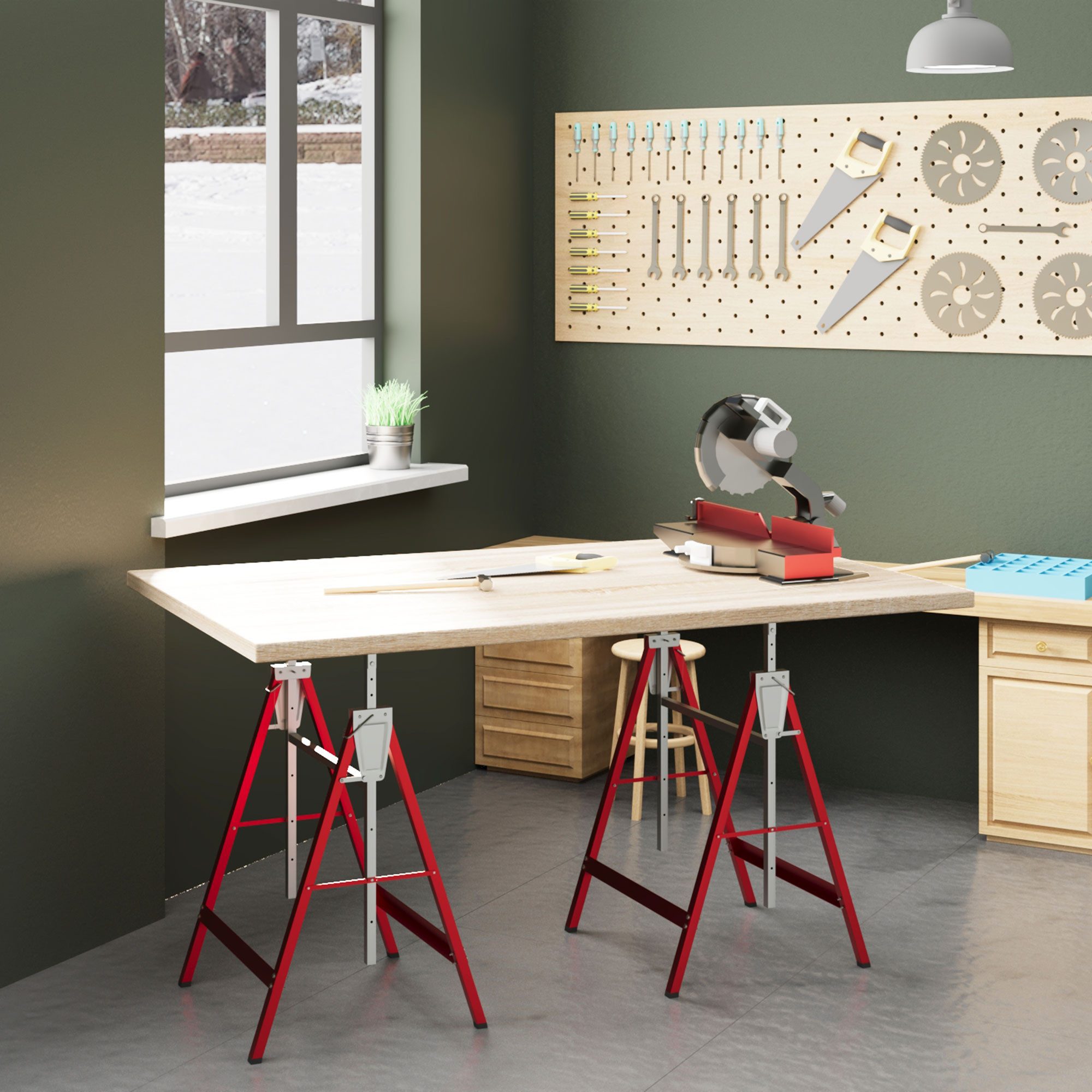 HOMCOM Sägebock Gerüstbock höhenverstellbar Unterstellbock, 200 kg max. Belastbarkeit, 0,7 cm max. Stammdurchmesser, (Arbeitsbock, 2-St., Klappbock), bis 200kg Stahl Rot 68 x 58 x 80-130 cm