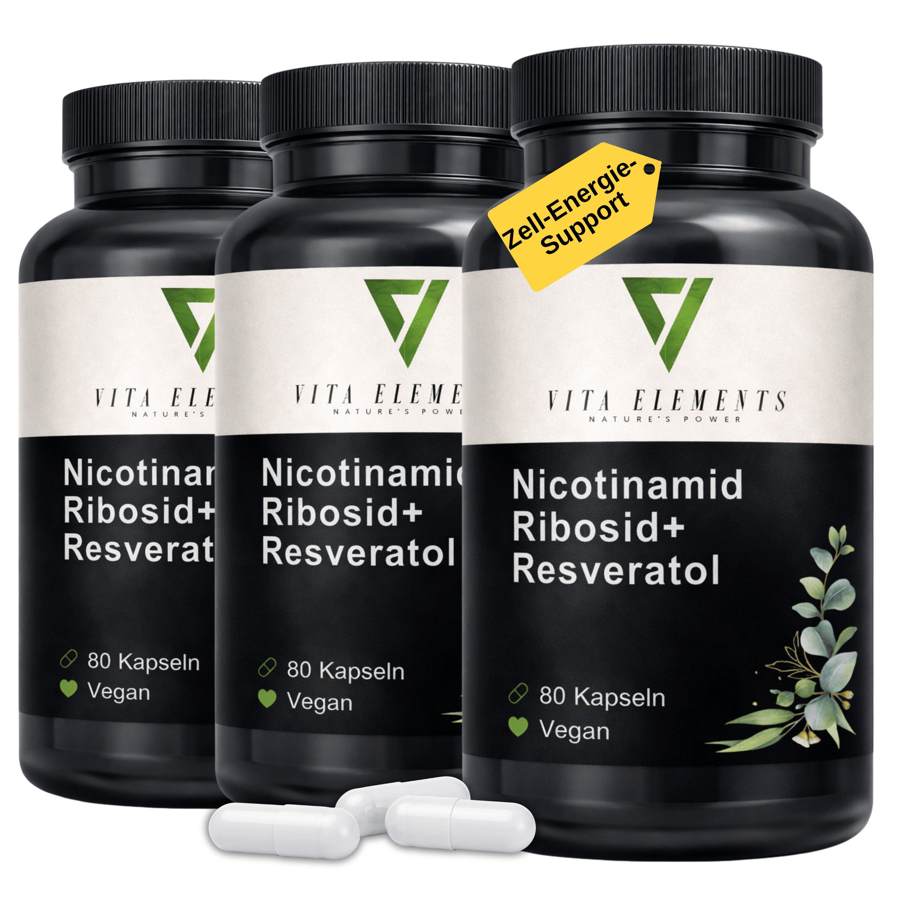Vita Elements 3er Set Nicotinamide Riboside NAD+ Kapseln, 240 Stk. Vegan frei von Gentechnik Laborgeprüft in Deutschland