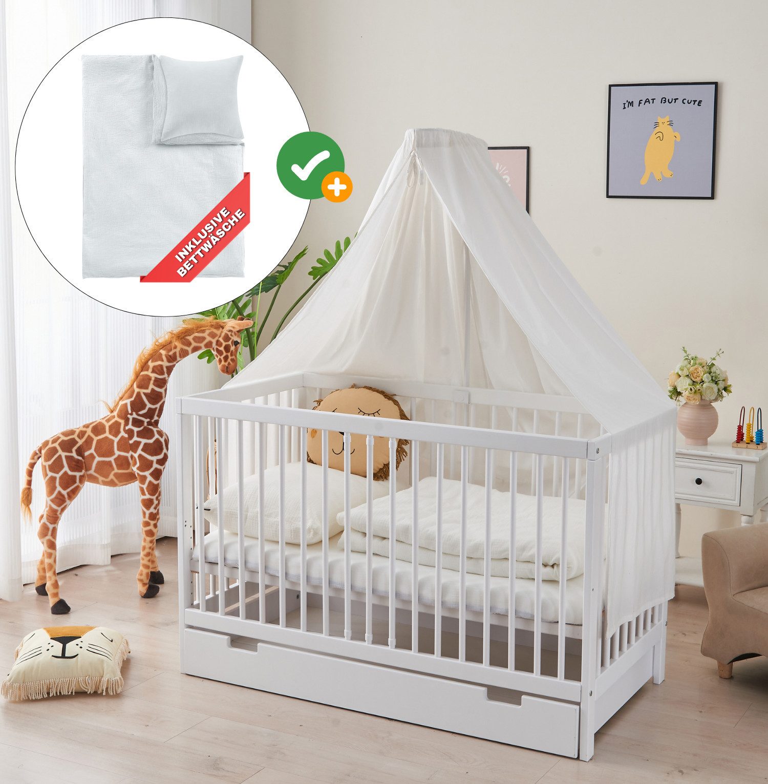Komplettbett TOBI 7-tlg.SET für Kleine Babys I 9-fach höhenverstellbarer EN 716-1