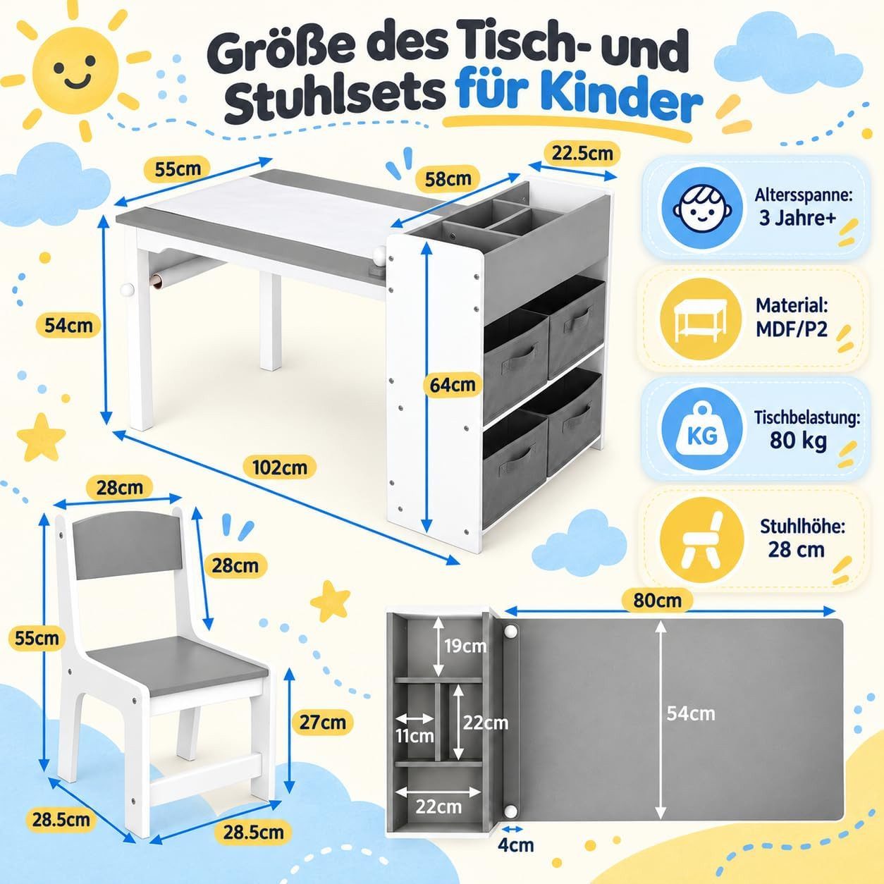 TLGREEN Kindertisch Kindermaltisch mit 2 Stühlen (Maltisch Schreibtisch mit Papierrolle und 4 Aufbewahrungskiste, Zeichentisch 100kg Belastbarkeit für Malen/Ler – Bild 2 von 5