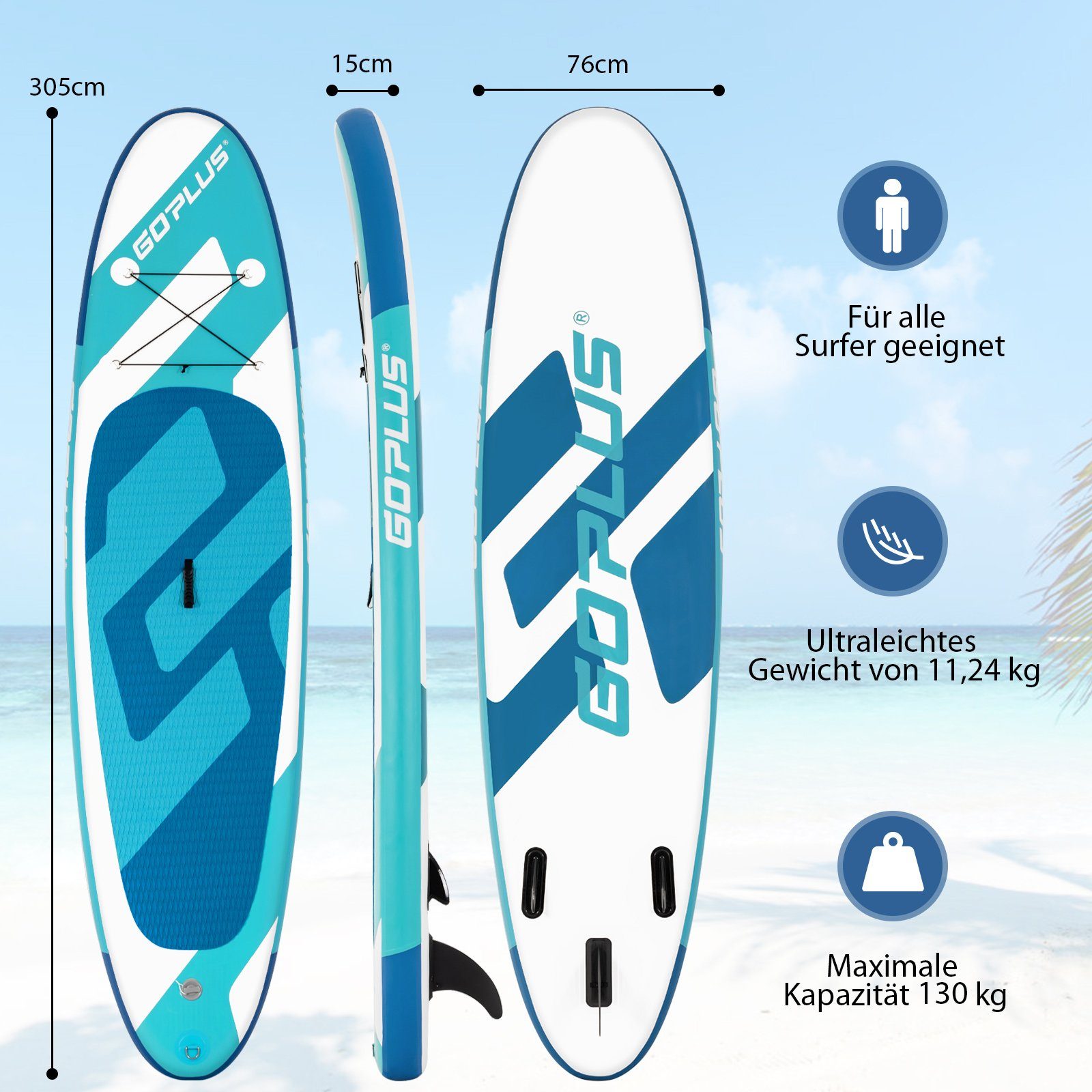Paddel Up SUP-Board Grün+Blau+Weiß mit Stand COSTWAY Board, Paddling Pumpe &