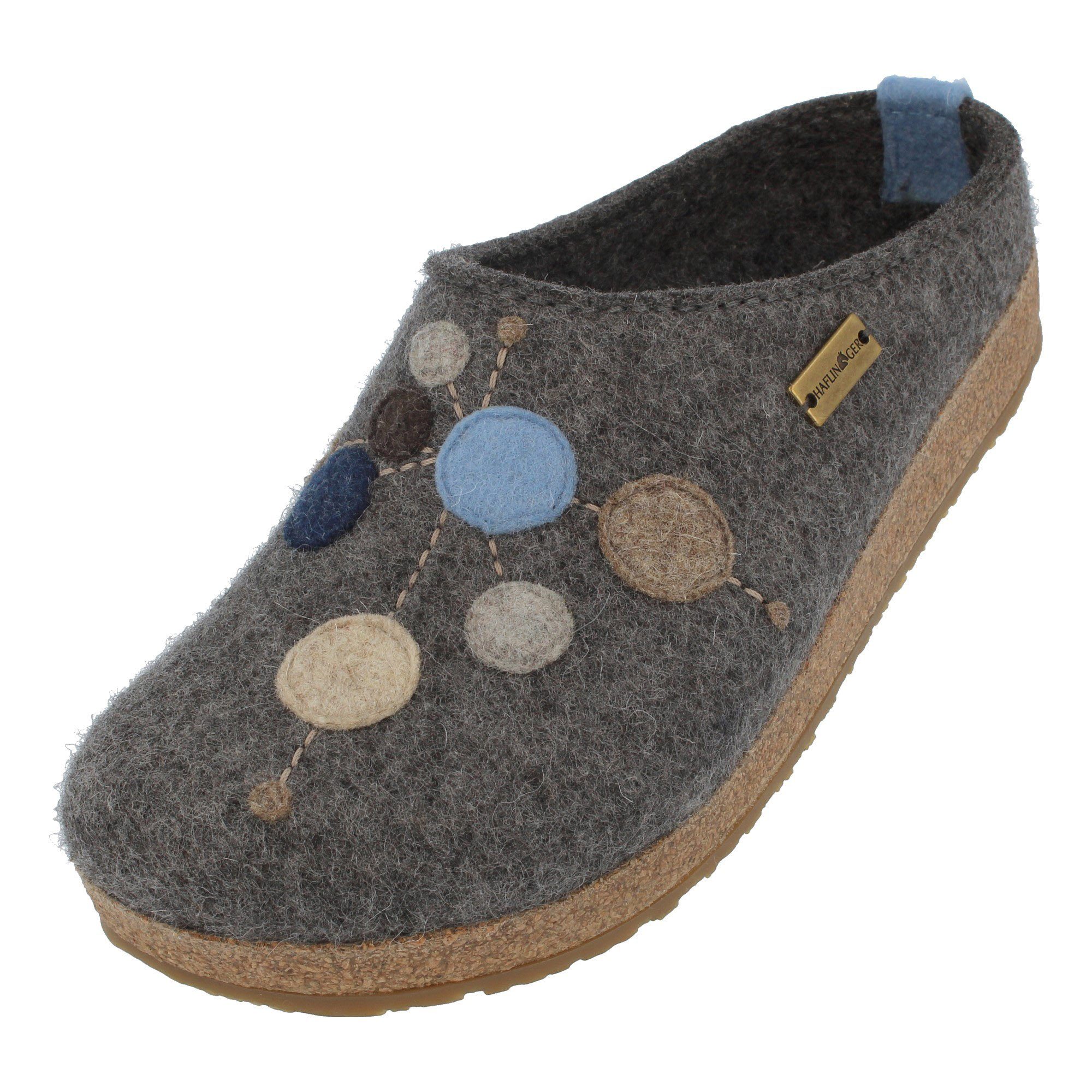Haflinger Faible Filzclog aus reinem Wollfilz mit Applikation Punktdesign Unisex Hausschuh