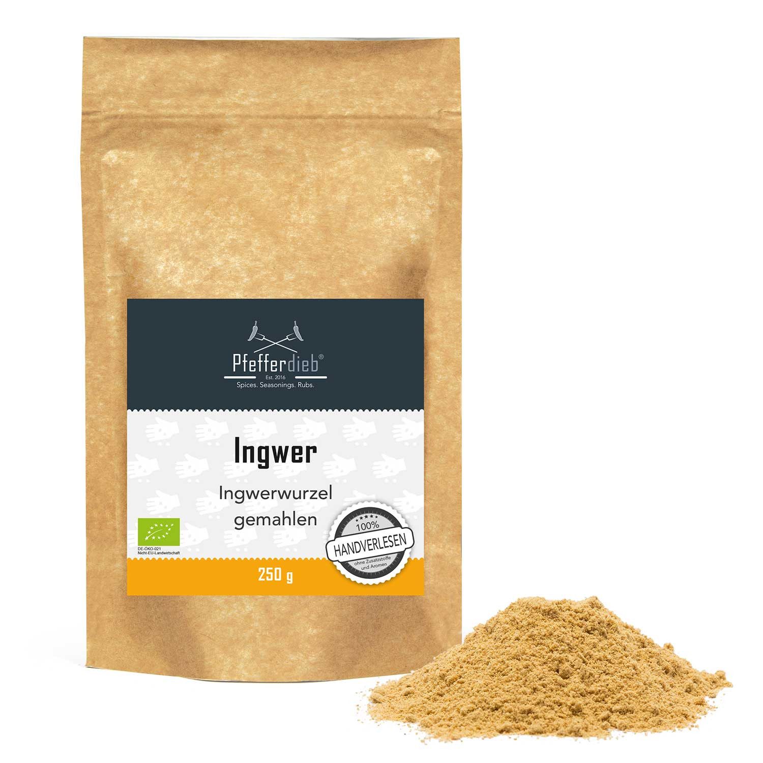 Pfefferdieb Gewürz BIO Ingwerpulver, Ingwer gemahlen, 250g, Sehr aromatisch mit toller Schärfe und leicht süßer Note.