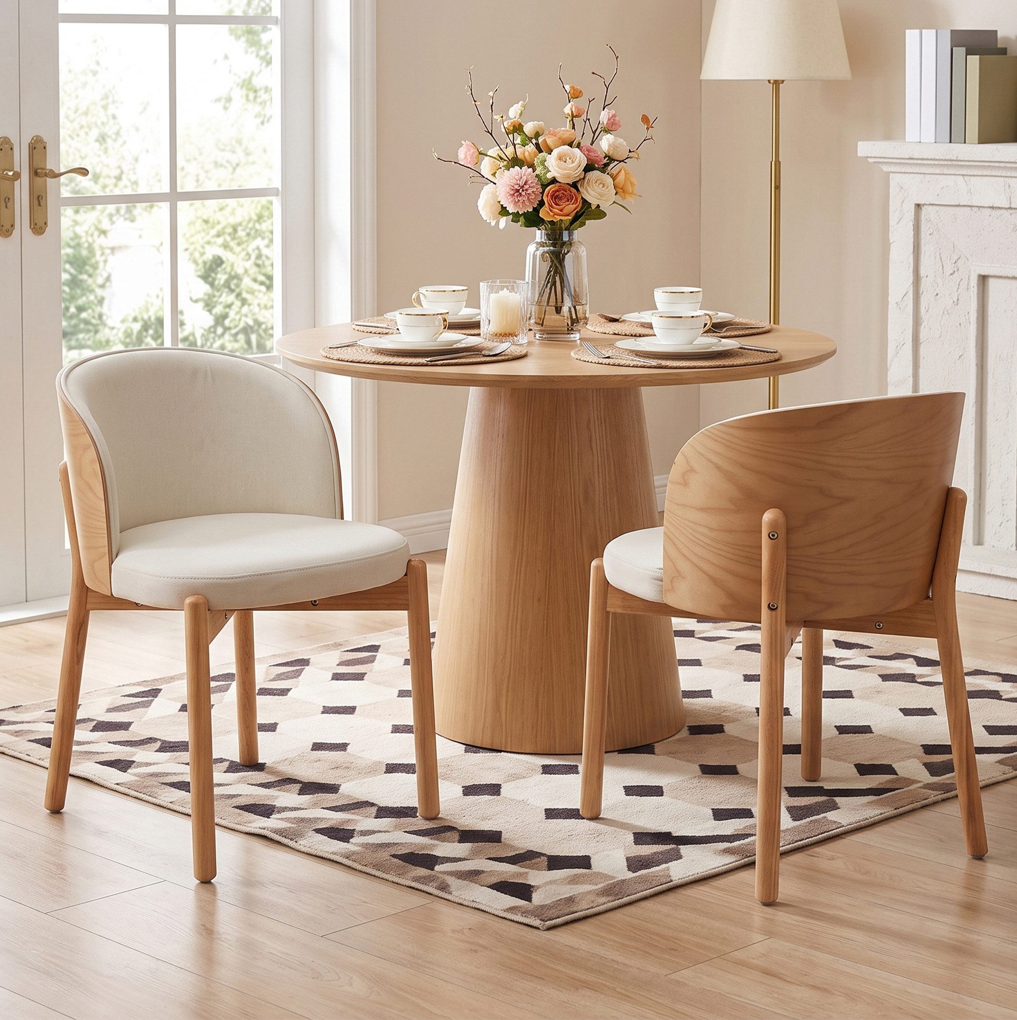 OKWISH Esszimmerstuhl 2 moderne Massivholzstühle mit Leinenbezug (Naturholzfarbe, Esche-Furnier, 49x57x74 cm, 2 St), umschließende Rückenlehne, 28D-Polsterung