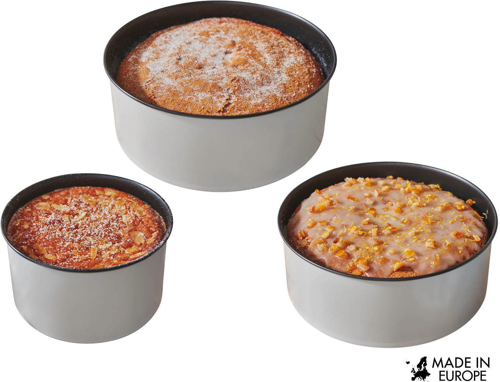 Kuchenblech PushPan, 3er Set, Ø 15 cm, 20 cm und 23 cm, Backformen aus Feinblech