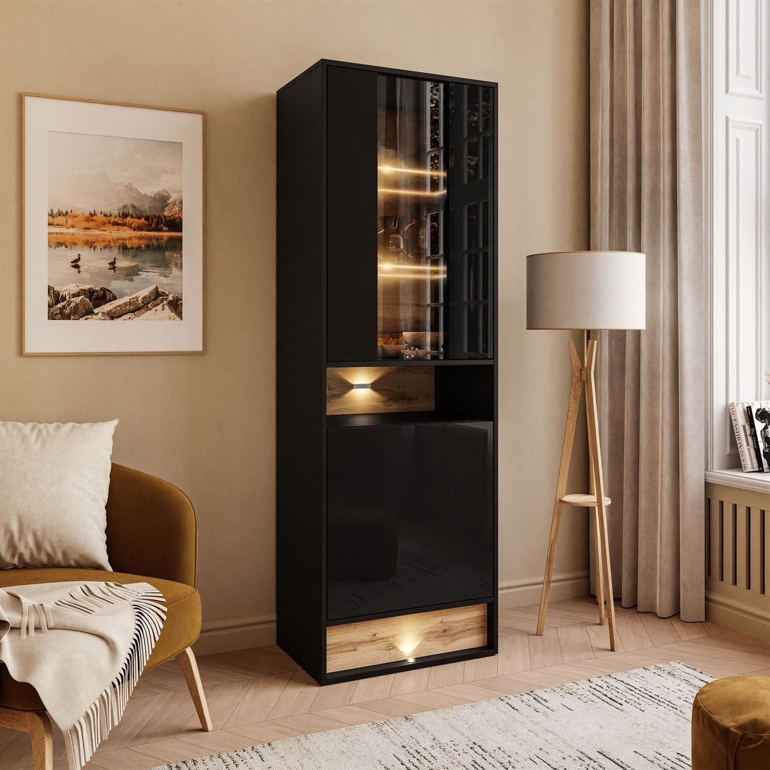 ALLHOUSE24 Standvitrine MILA 60 cm mit Einsatz aus Wotan Eiche mit LED Beleuchtung VITRINE Breite 60 cm