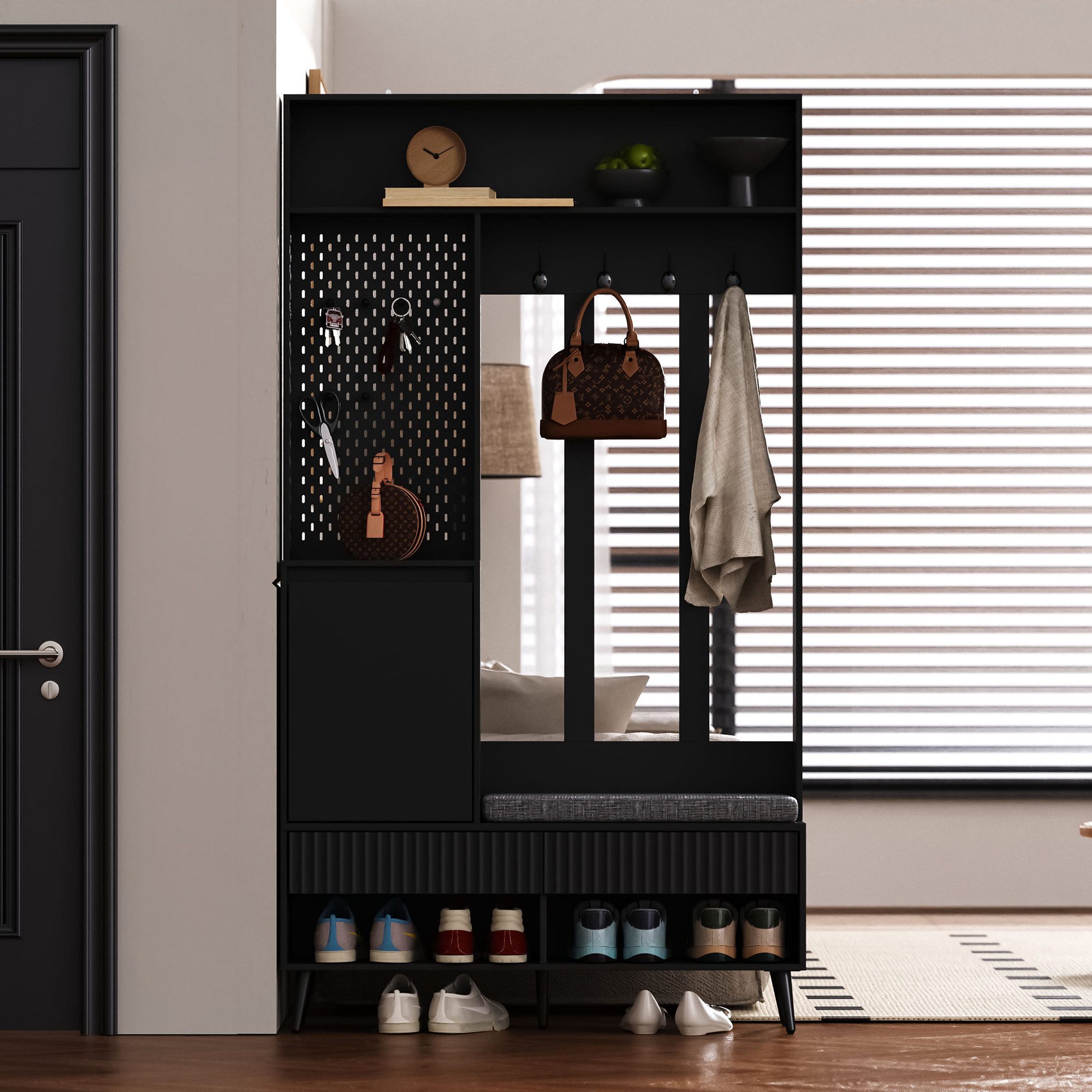 MODFU Garderoben-Set für Ihren Eingangsbereich, (Garderoben-Set mit Schuhbank und 4 Kleiderhaken, 2 Schubladen, Aufbewahrungsschrank,Komplettes Flur-Set., 1-St., mit 4 Kleiderhaken, zwei Schubladen und 1 Türen), mit 4 Kleiderhaken, zwei Schubladen und 1 Türen