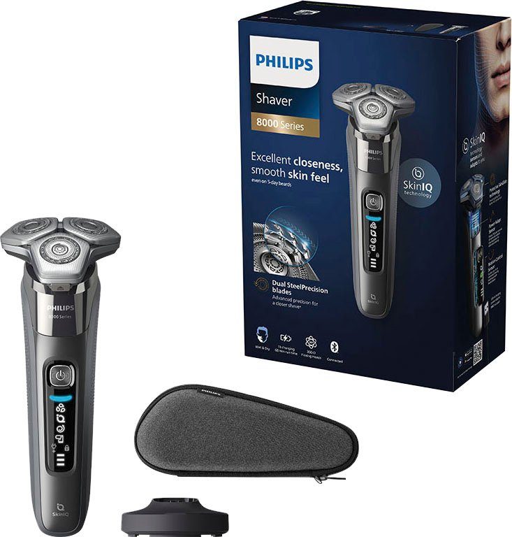 Philips Elektrorasierer Shaver zu eine glatte ausklappbarer Series Minute mit S8697/35, 150.000 Bis Präzisionstrimmer, Ladestand, Technologie, Rasur für und gründliche Etui, 8000 pro SkinIQ Schneidevorgänge