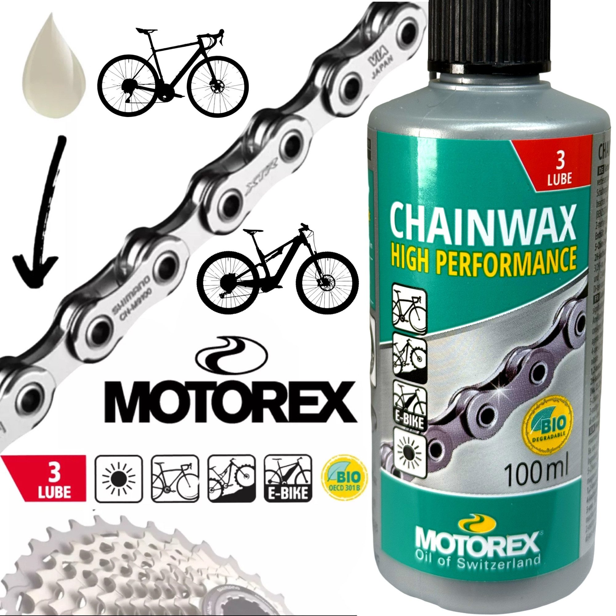 Motorex Fahrrad-Montageständer Motorex Fahrrad MTB Road Ebike Kettenwax Ketten Öl Service Bio 100ml