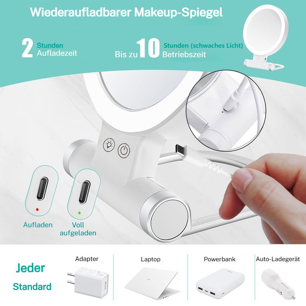 PRIISF Vergrößerungsspiegel 30 fach Kosmetikspiegel Tischspiegel Schminkspiegel Reisespiegel LED (USB Wiederaufladbarer 3-Farben Dimmbar, Aufladbar, Handspiegel, Aufstellspiegel, LED-Lichtspiegel), Beidseitig Makeup Spiegel Badspiegel für Badezimmer unterwegs