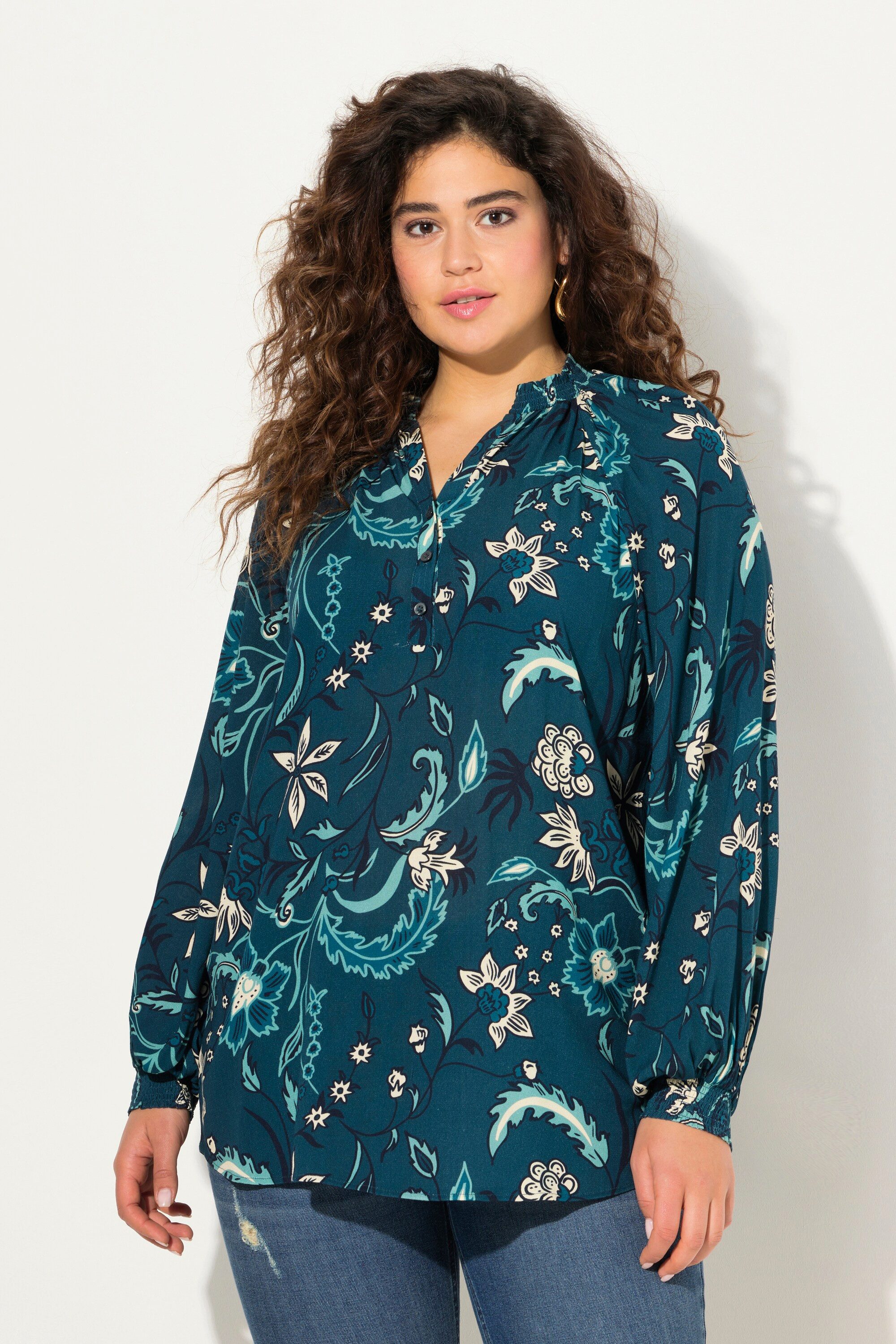Ulla Popken Satinbluse Bluse Smok-Stehkragen A-Linie günstig online kaufen