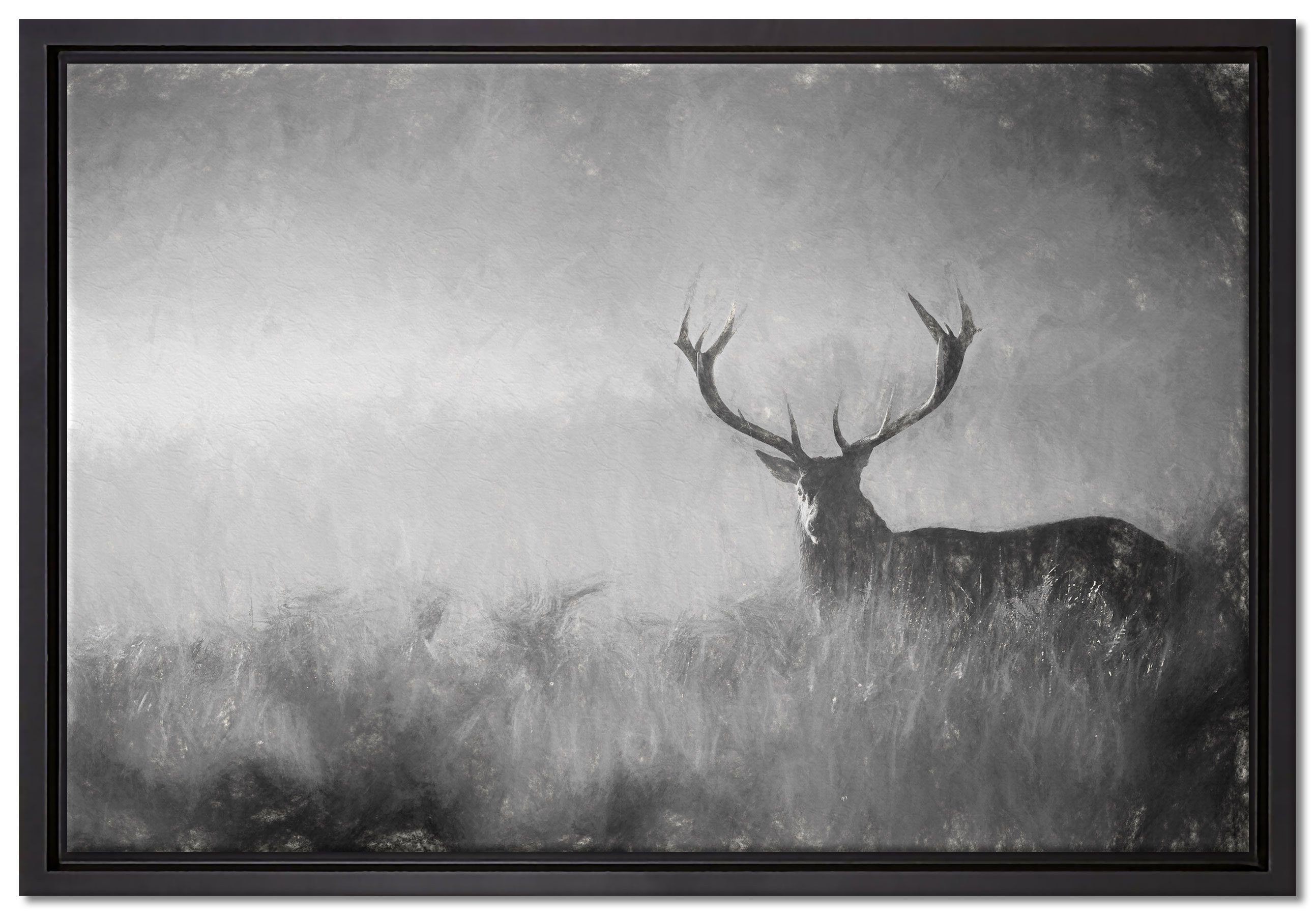 Leinwandbild (1 Wanddekoration Rotwild einem Zackenaufhänger inkl. fertig St), Nebel Pixxprint in gefasst, Kunst, im bespannt, Leinwandbild Schattenfugen-Bilderrahmen Hirsch