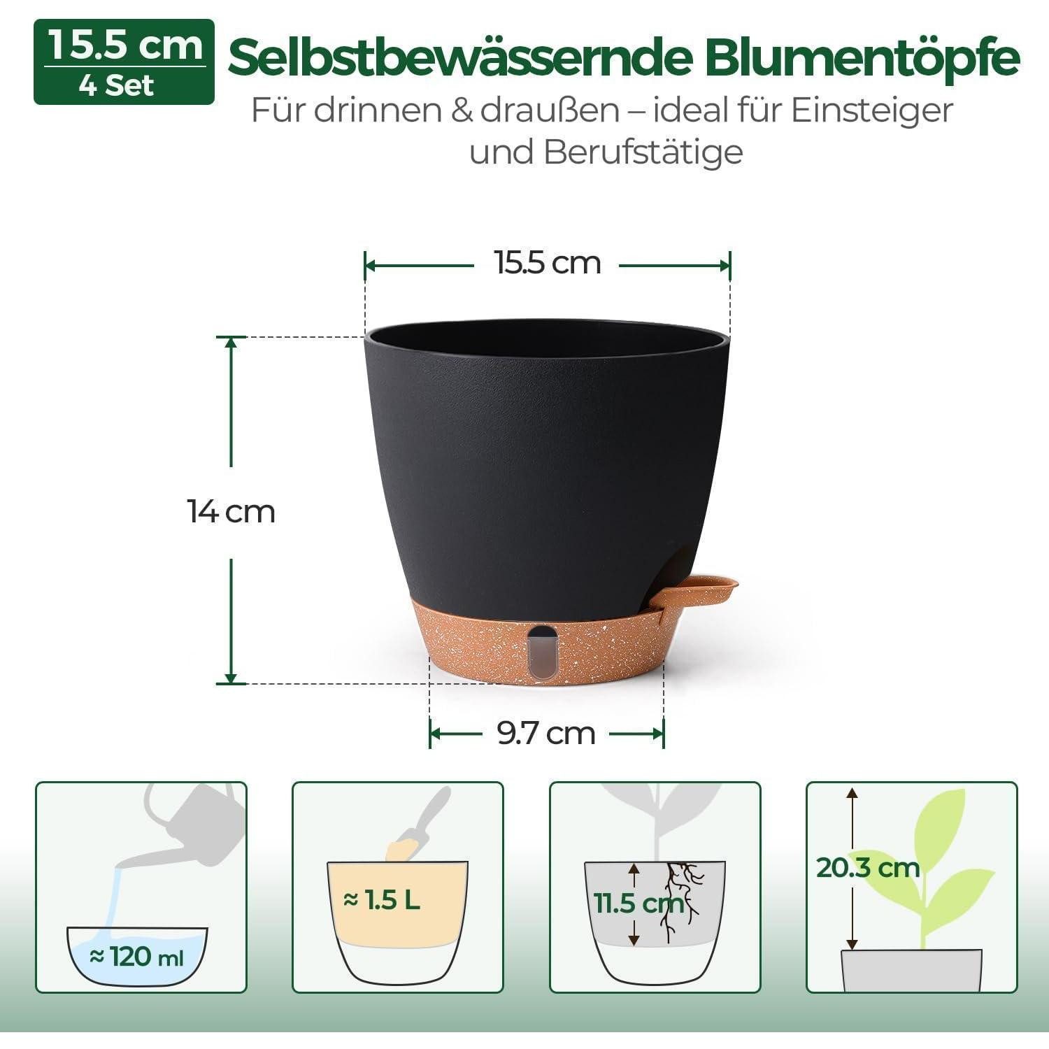LuxusKollektion Kräutertopf Kräutertopf selbstbewässernd 4er Set Fensterbank Schwarz 15CM-4set