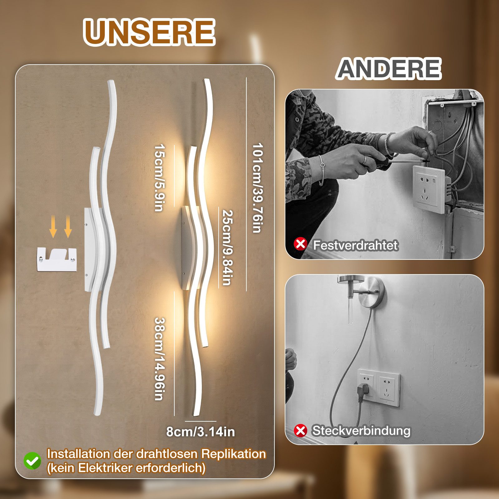 Lapalife LED Wandleuchte Akku kabellose Wandlampe innen Dimmbar, 3000K-6500K, Mit Fernbedienung für Schlafzimmer Wohnzimmer Flur Arbeitszimmer