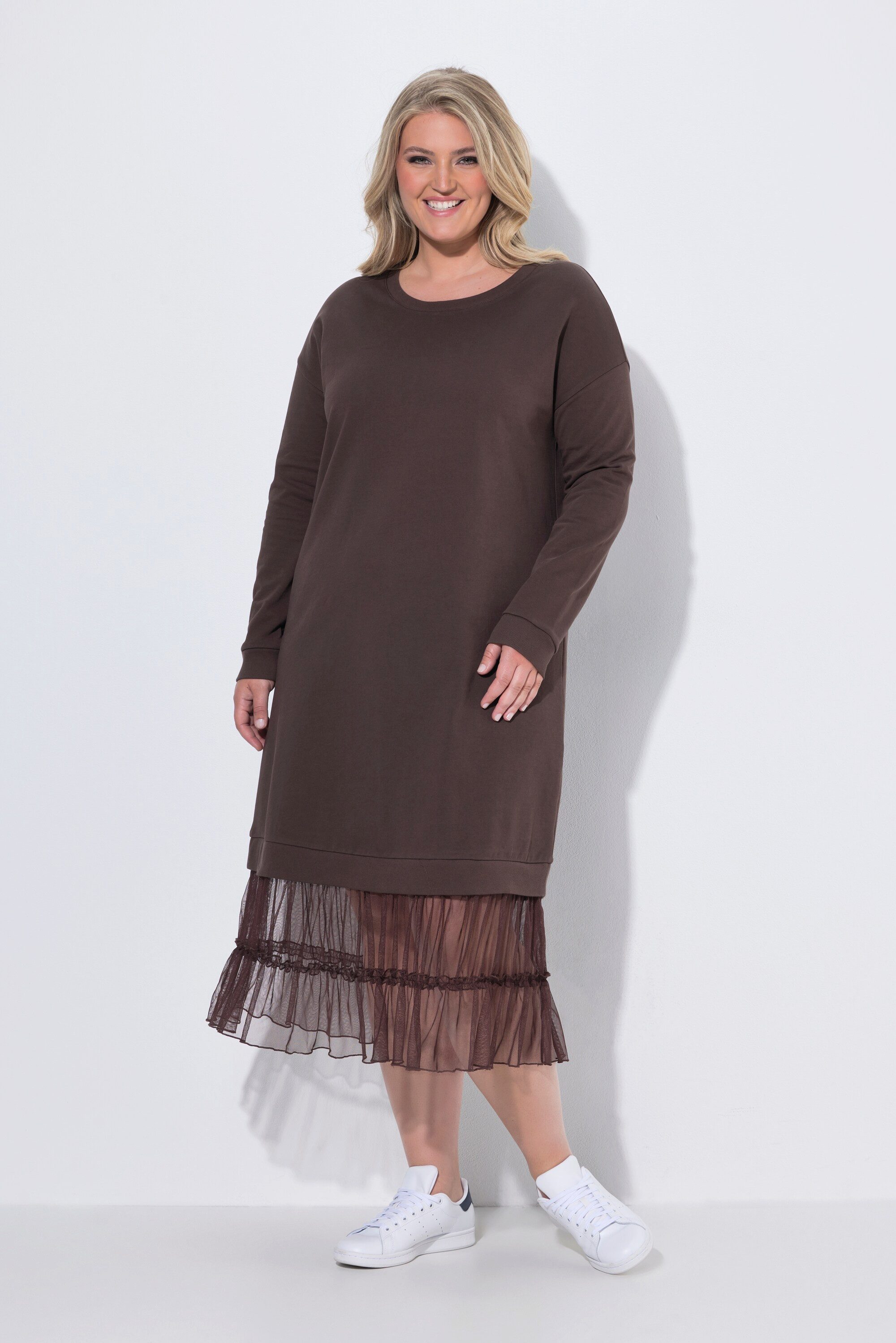 MIAMODA Midikleid Midi-Sweatkleid oversized Mesh-Volants am Saum