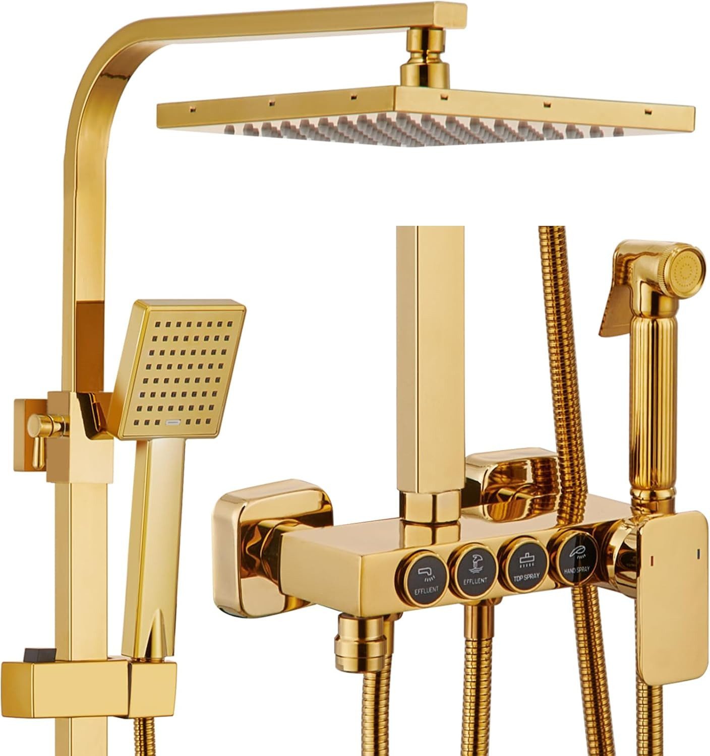 Duschsystem Multifunktionales Duschsystem in Gold: Rechteckiger Regenduschkopf