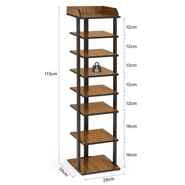 Mondeer Schuhregal Vertikales Schuhregal, Schuhschrank, 7-stöckiges, Metallgestell, Holz, 28 x 28 x 113 cm, Rustikal Braun