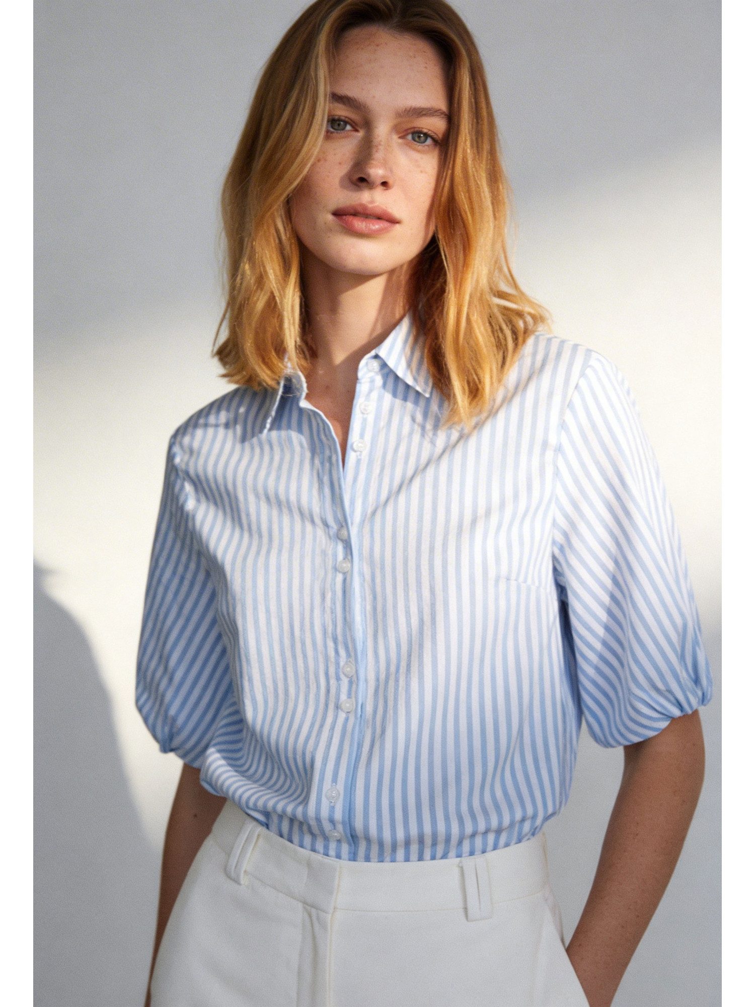 MORE&MORE Kurzarmbluse feminine, gestreifte Kurzarm-Puffärmelbluse