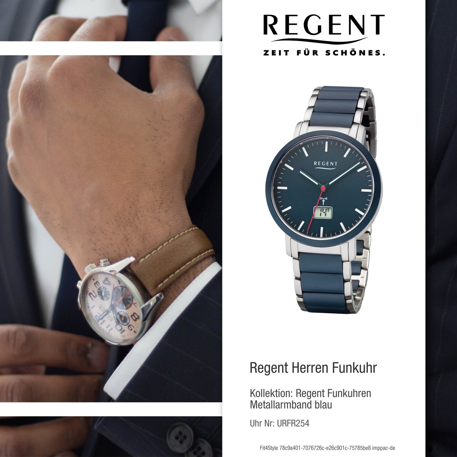 Regent Funkuhr Regent Herren 40mm), Uhr Metallarmband, Gehäuse rundes (ca. Metall Herrenuhr FR-254, mit Elegant-Style