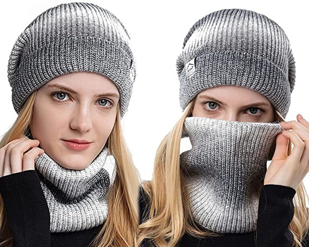 mit Strickmütze Mütze Schal Warme XDeer Farbverlauf Set,Wollmütze Schal Mütze Wintermütze Wintermütze Grau Schal mit Mütze Damen &