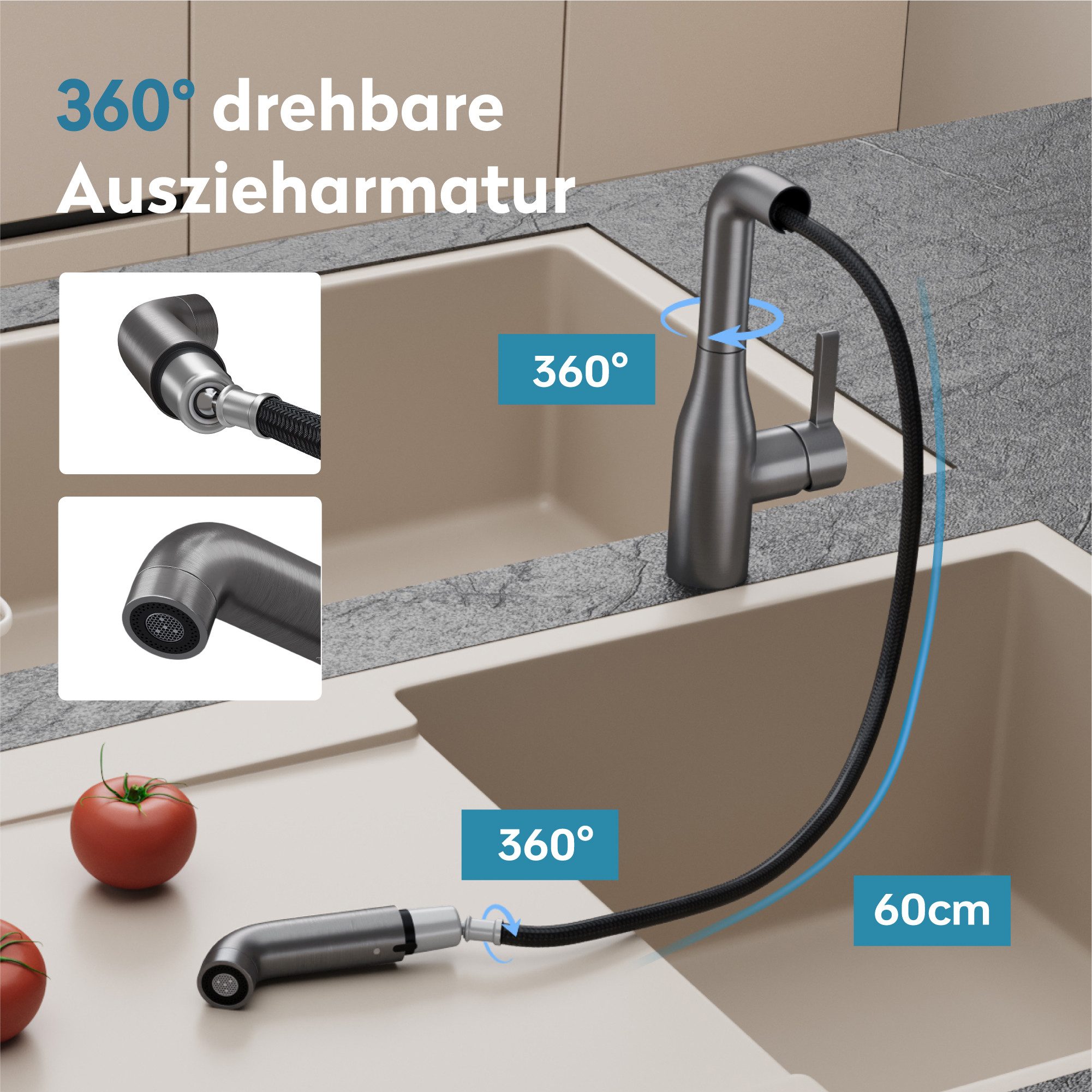 doporro Küchenarmatur Spültischarmatur Hochdruck 360° schwenkbar aus Edelstahl Turnix-04 mit Ausziehbrause
