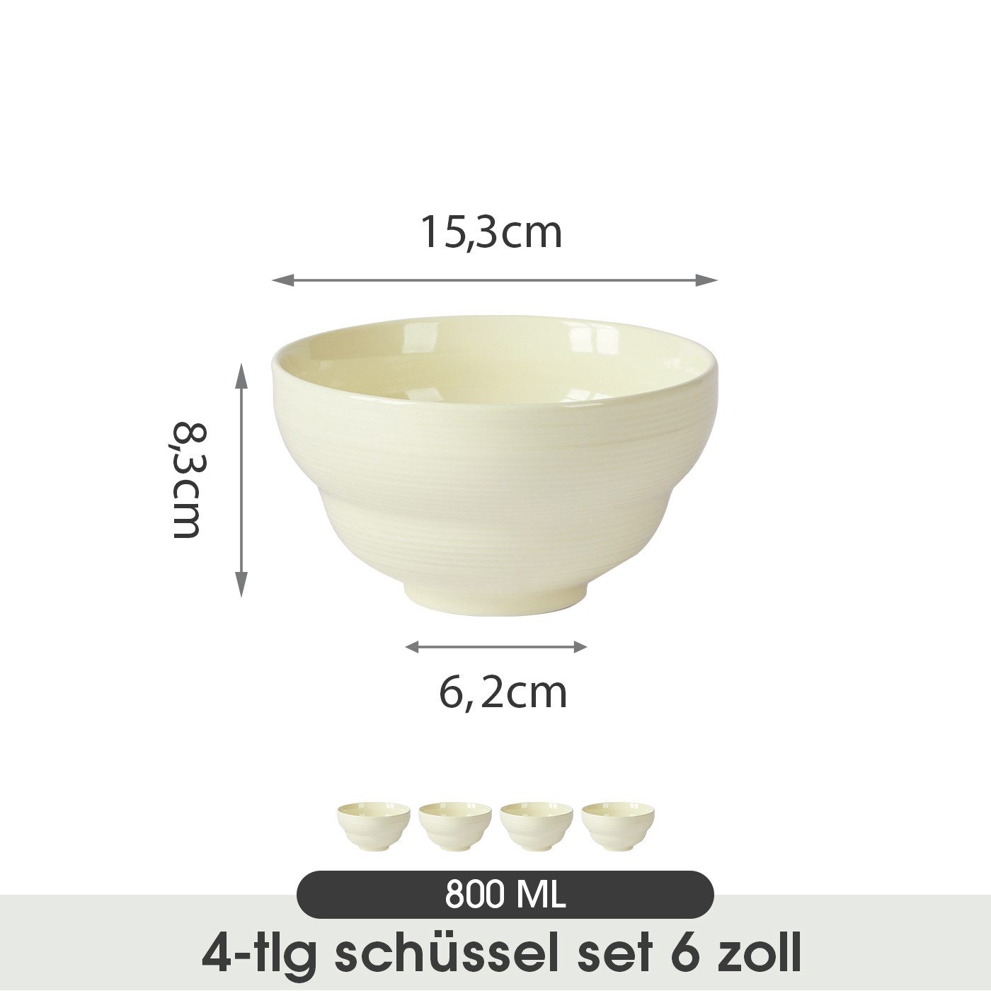 JIWOO Salatschüssel 4er Ø15,3 cm, Müslischüssel Suppenschüssel Dessertschale Obstschale, Keramik, (Schüsselset, 4-tlg), Bowl Hochwertiges Schüsseln Beige Mikrowellen spülmaschinenfest