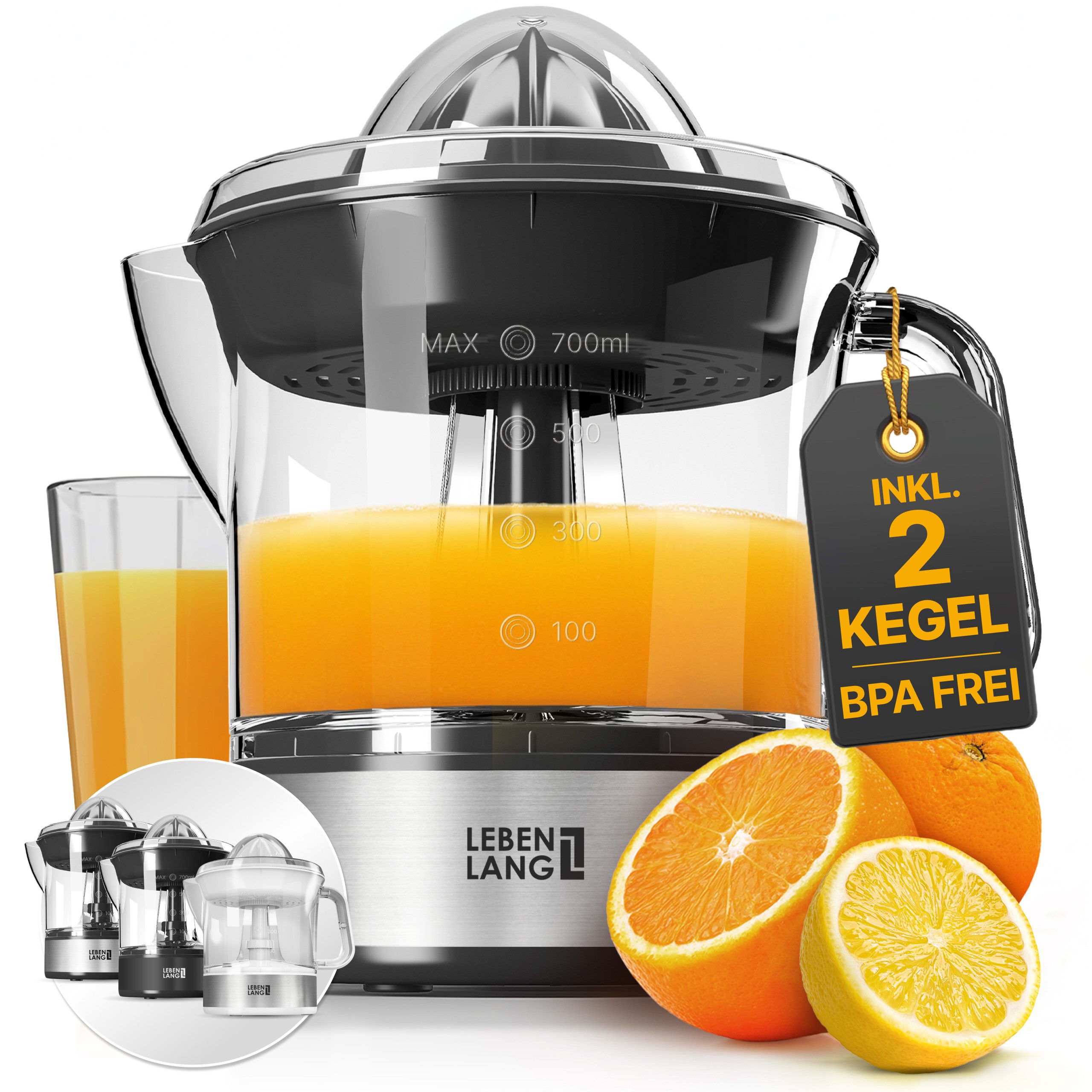 Lebenlang Zitruspresse Saftpresse elektrische Zitronenpresse Orangenpresse, 40,00 W, BPA-freie, zwei Drehrichtungen, spülmaschinenfest, Auto ON/OFF