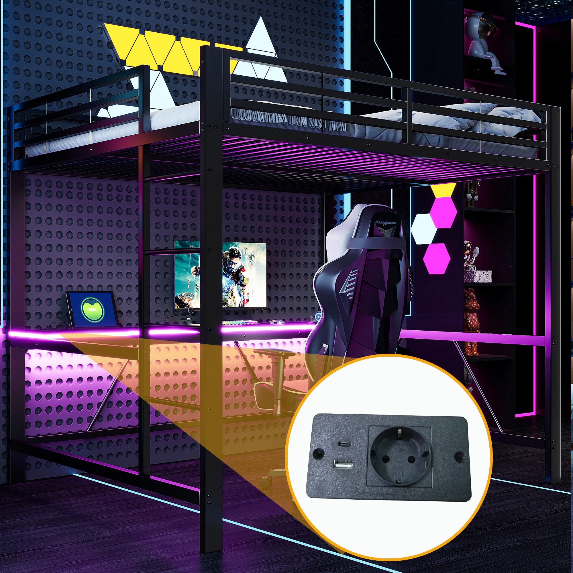 Merax Hochbett mit LED-Beleuchtung & USB-Ladestation (Jugendbett Einzelbett Mehrzweckbett, 1-St) Metallbett Kinderbett 160x200cm mit Schreibtisch Leiter & Schutzgitter