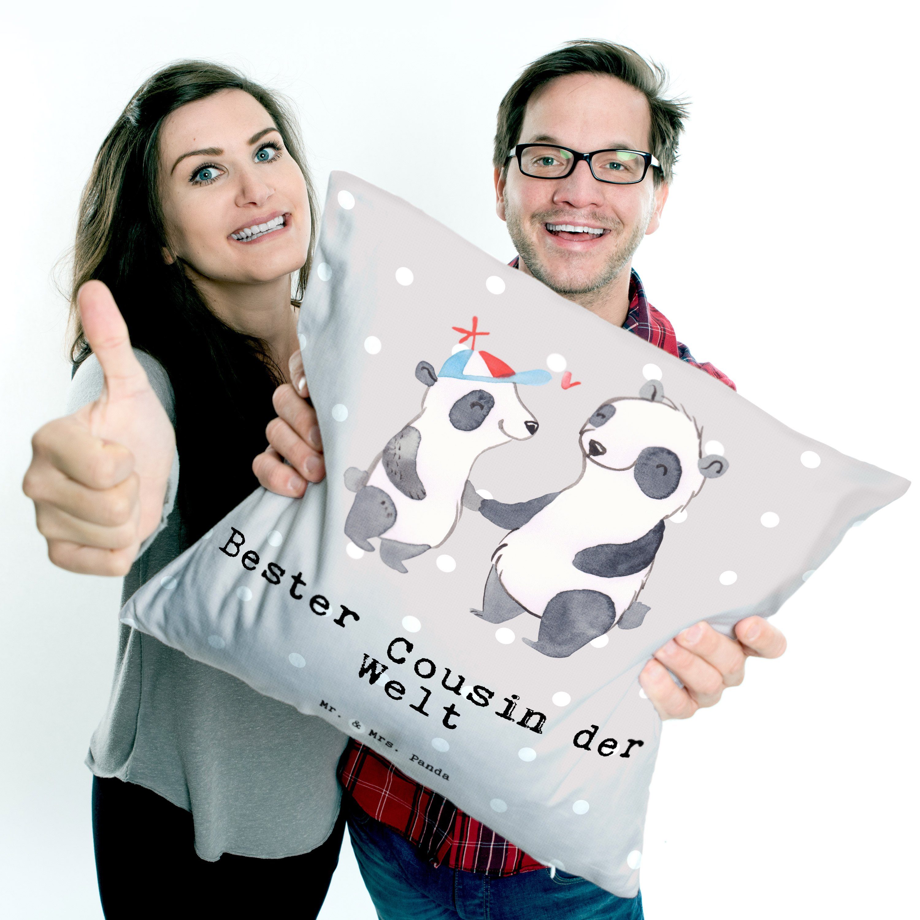 Mrs. Cousin - Welt K & der Grau - Geschenk, Panda Pastell Dekokissen, Bester Panda Mr. Dekokissen