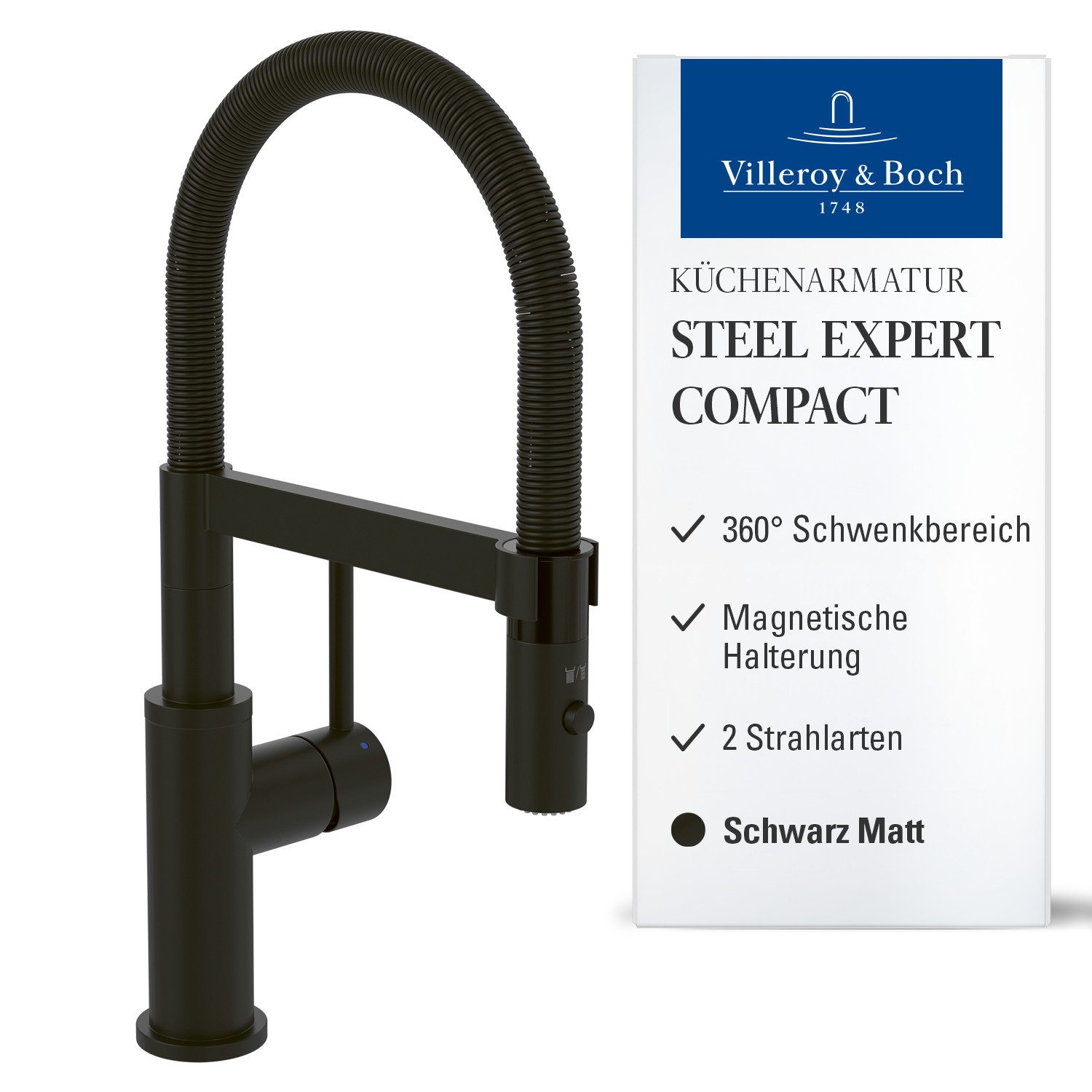 Villeroy & Boch Küchenarmatur Steel Expert Compact Window 360° Schwenkbereich, 2 Strahlarten, Schwarz Matt