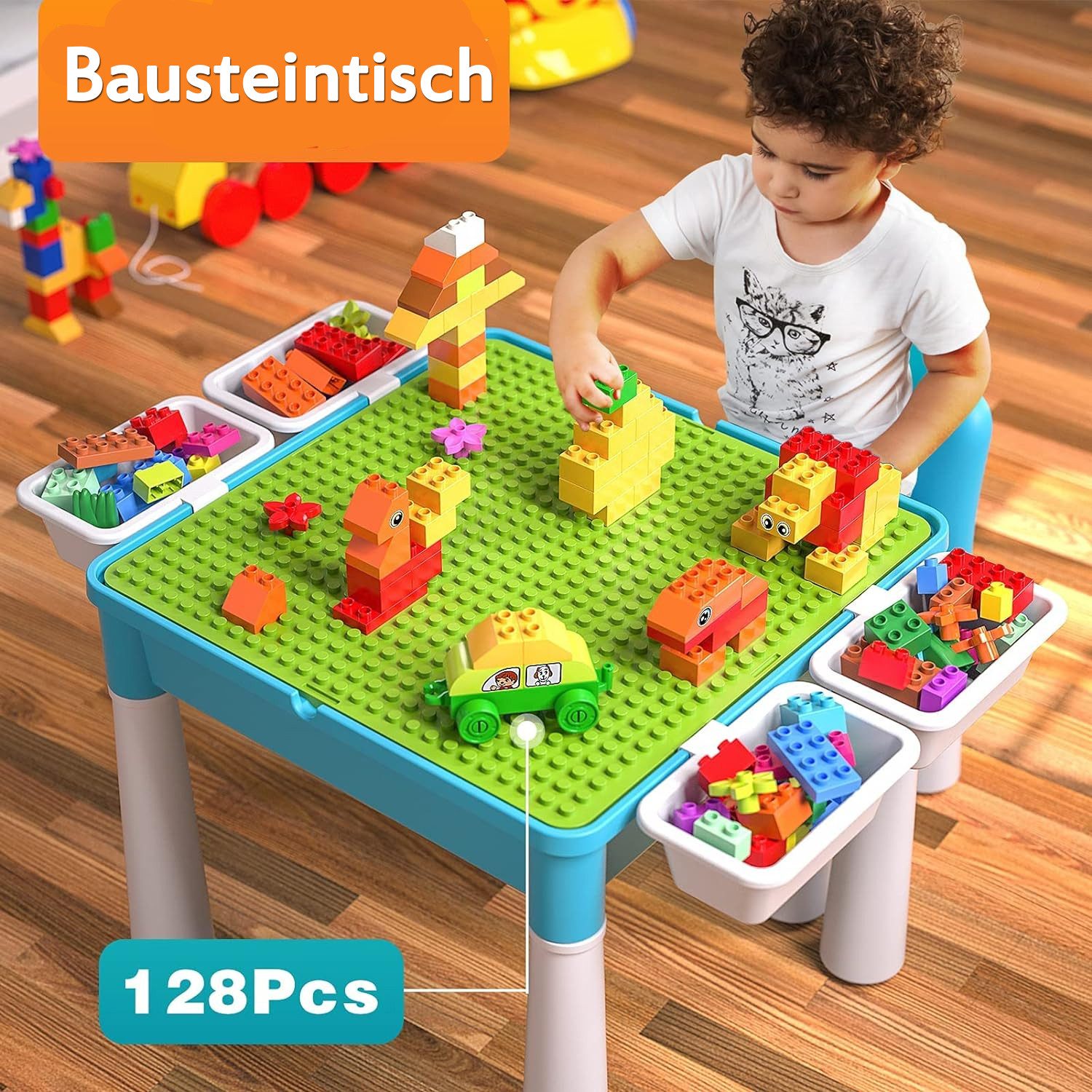 TUWENA Kindertisch 5-in-1-Kinder-Aktivitäts-Tischset mit 128 Teile Bausteinen Spielzeug, Spieltisch Enthält 1 Stuhl und Bausteintisch mit Aufbewahrung – Bild 4 von 5