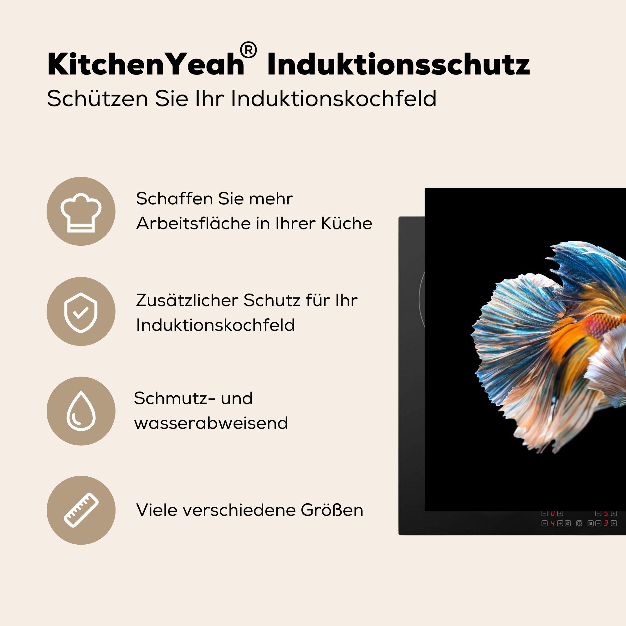 MuchoWow in Riffbarsch Herdblende-/Abdeckplatte Siamesischer Wasser, Orange Vinyl, Ceranfeldabdeckung, für (1 dunklem cm, küche blauer 78x78 und Arbeitsplatte tlg),